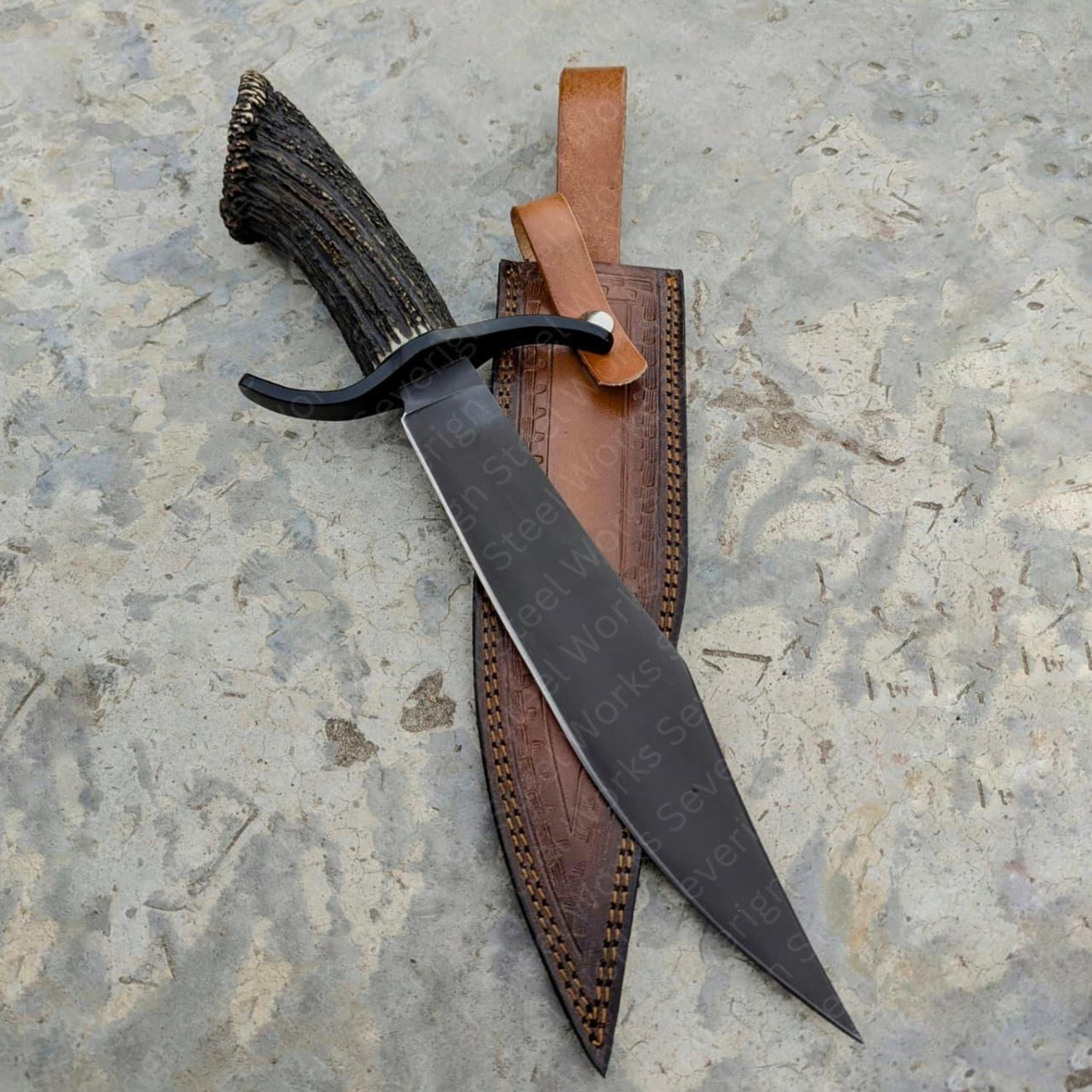 handmade medieval seax knife, antler handle viking blade with leather sheath, norse history decor, gift for him