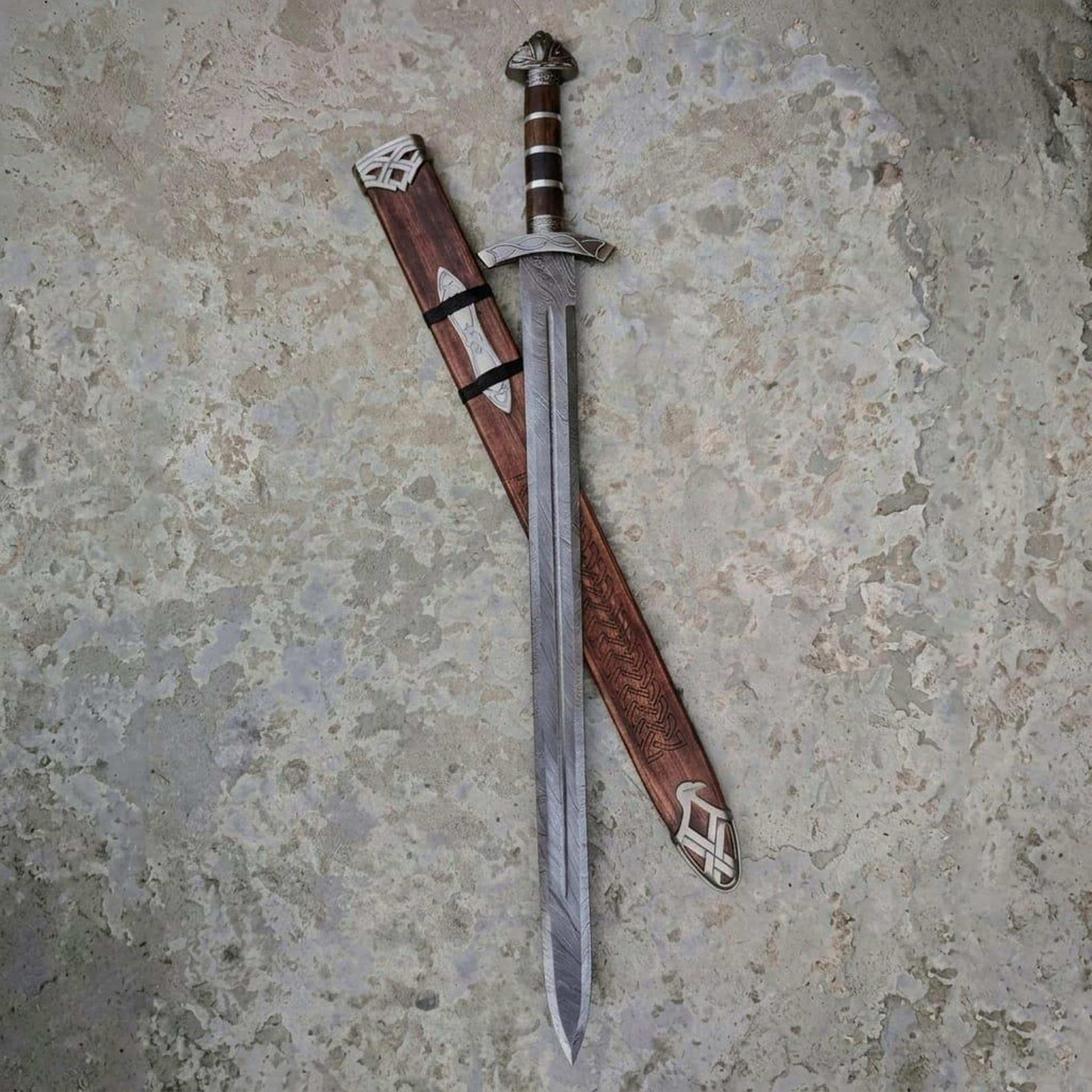 damascus medieval knight longsword, viking style sword with wooden scabbard, history decor, renaissance gift for him