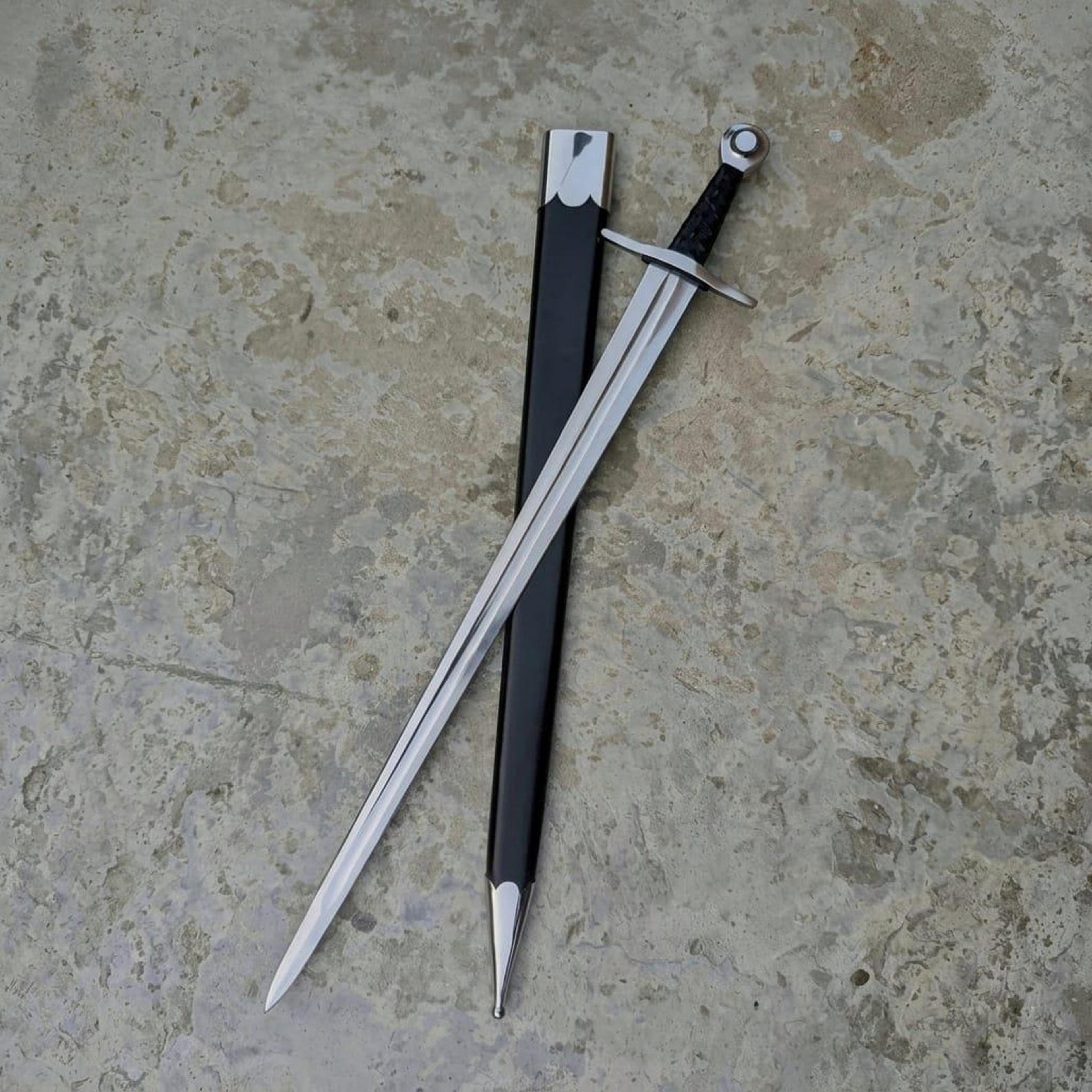 medieval knight longsword replica, european crusader sword with black scabbard, history decor, collector gift