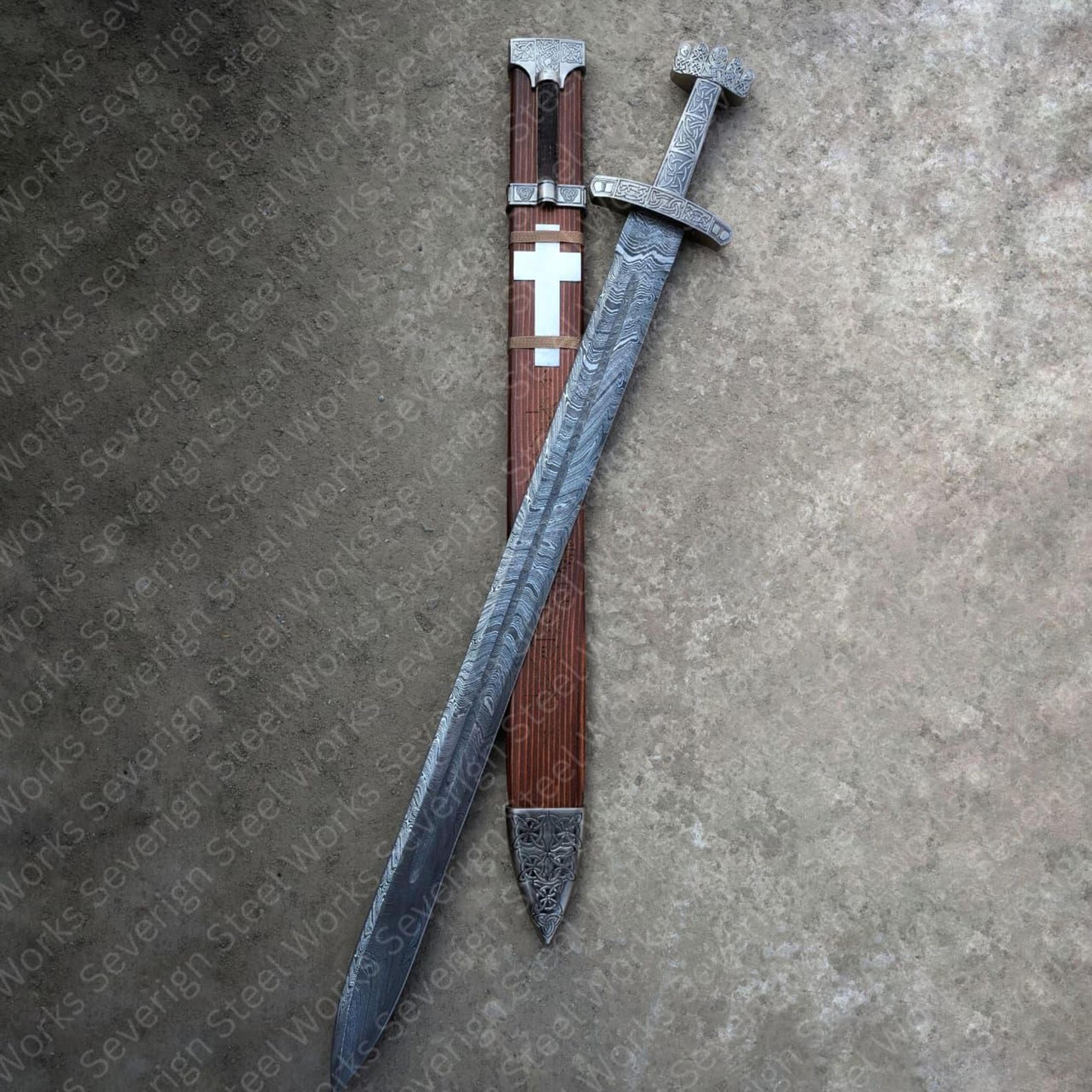 damascus medieval crusader sword, templar knight sword with cross scabbard, history decor, collector gift