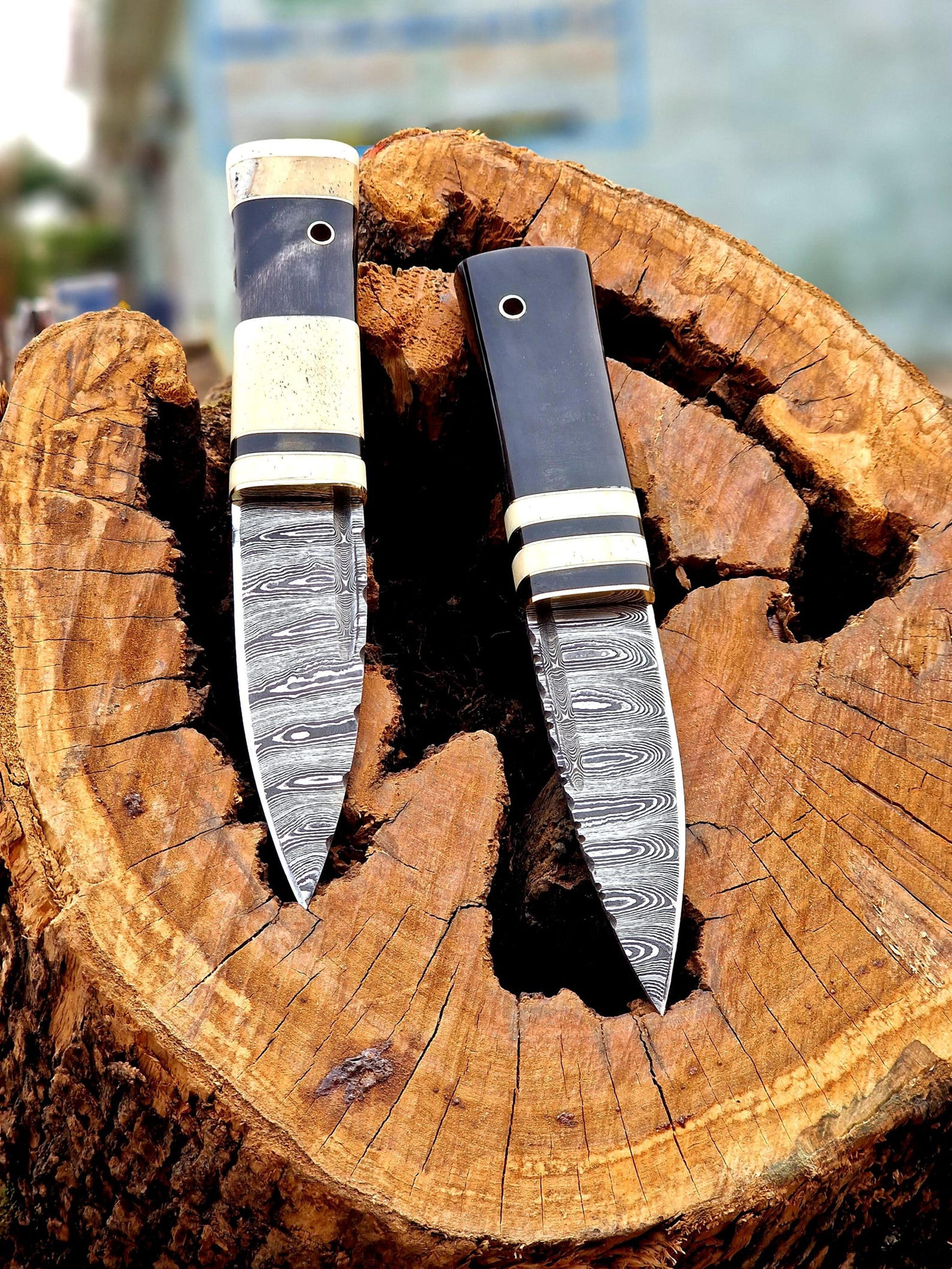 handmade damascus hunting knife, bone & black handle bushcraft knife, outdoor camping gift, rustic collector decor