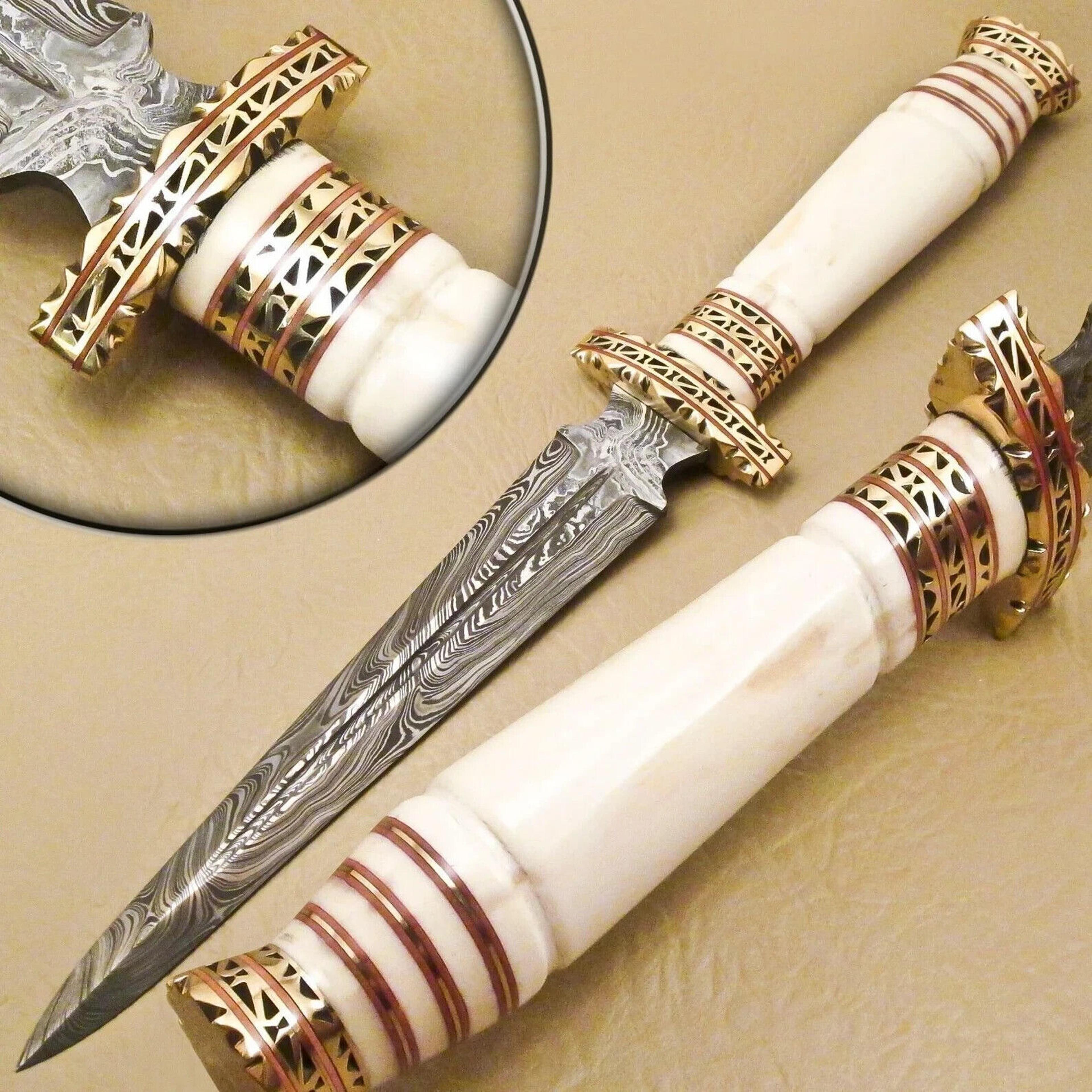 beautiful custom handmade damascus steel dagger knife with leather sheath