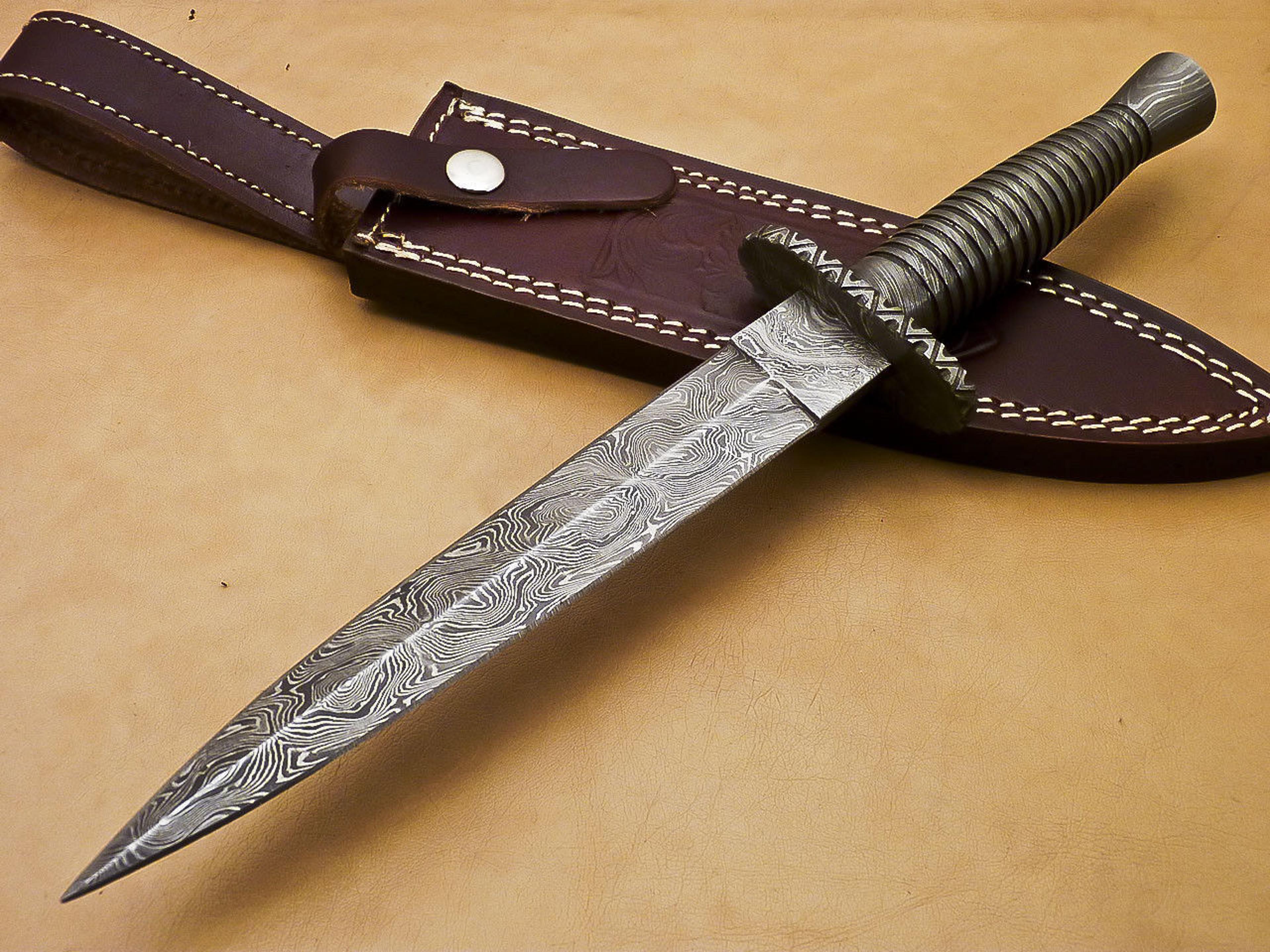 handmade custom british dagger hunting knife damascus steel with leather sheath