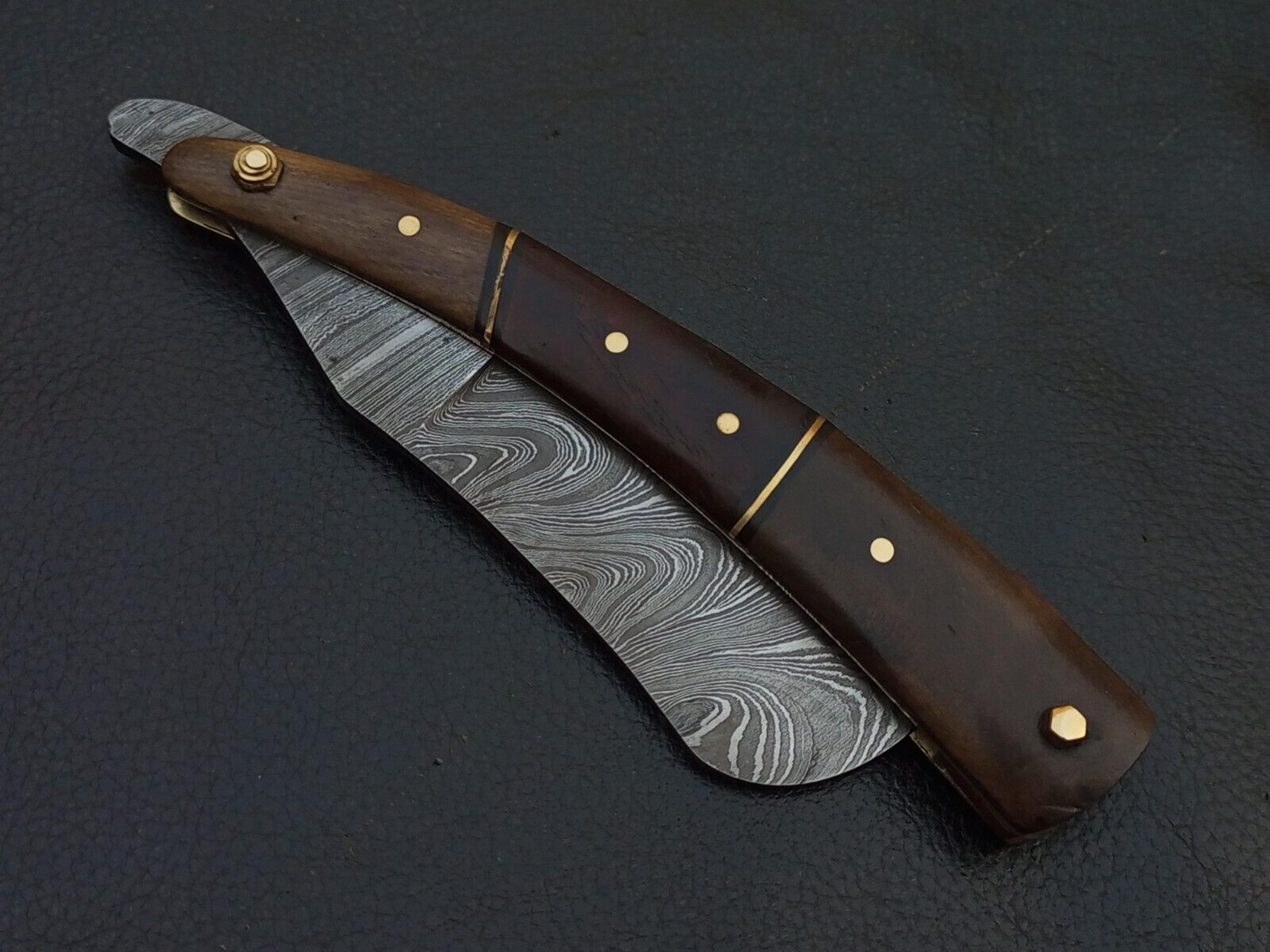 damascus steel custom made razor knife wood handle w/sheath