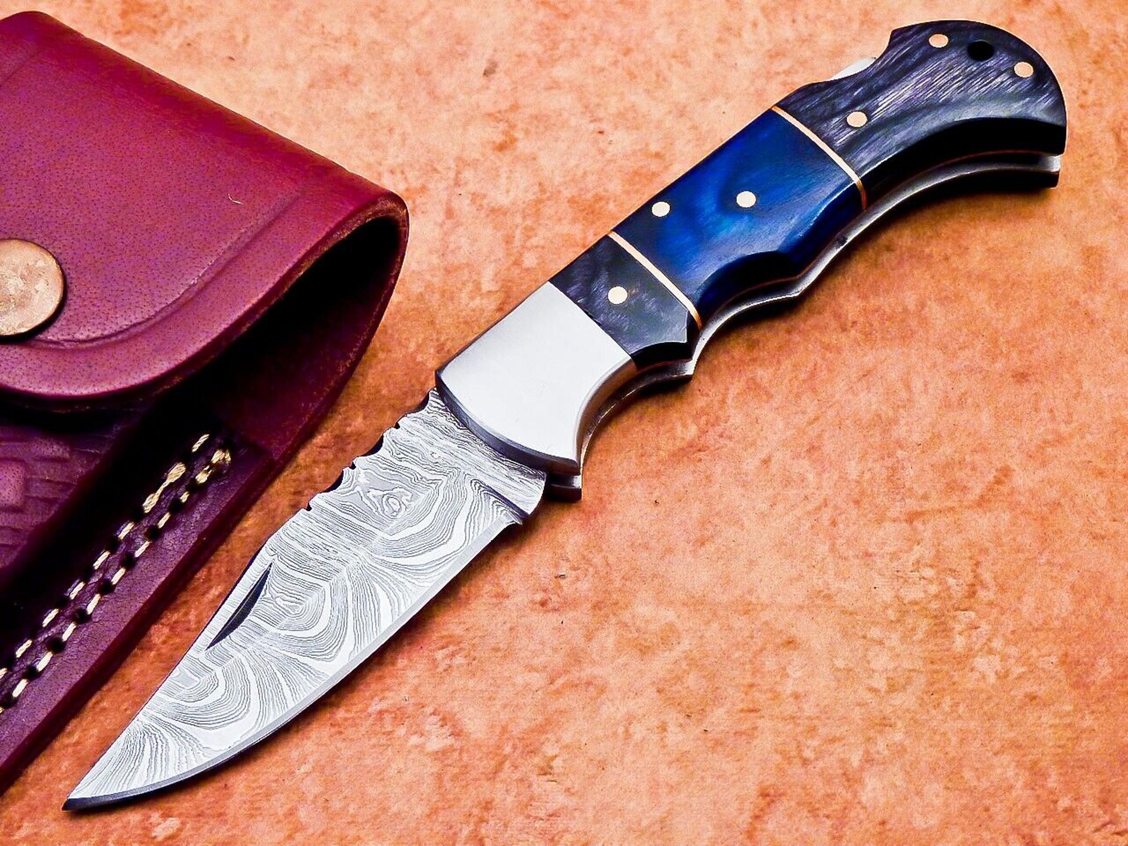 custom handmade forged damascus folding pocket knife , pocket knife