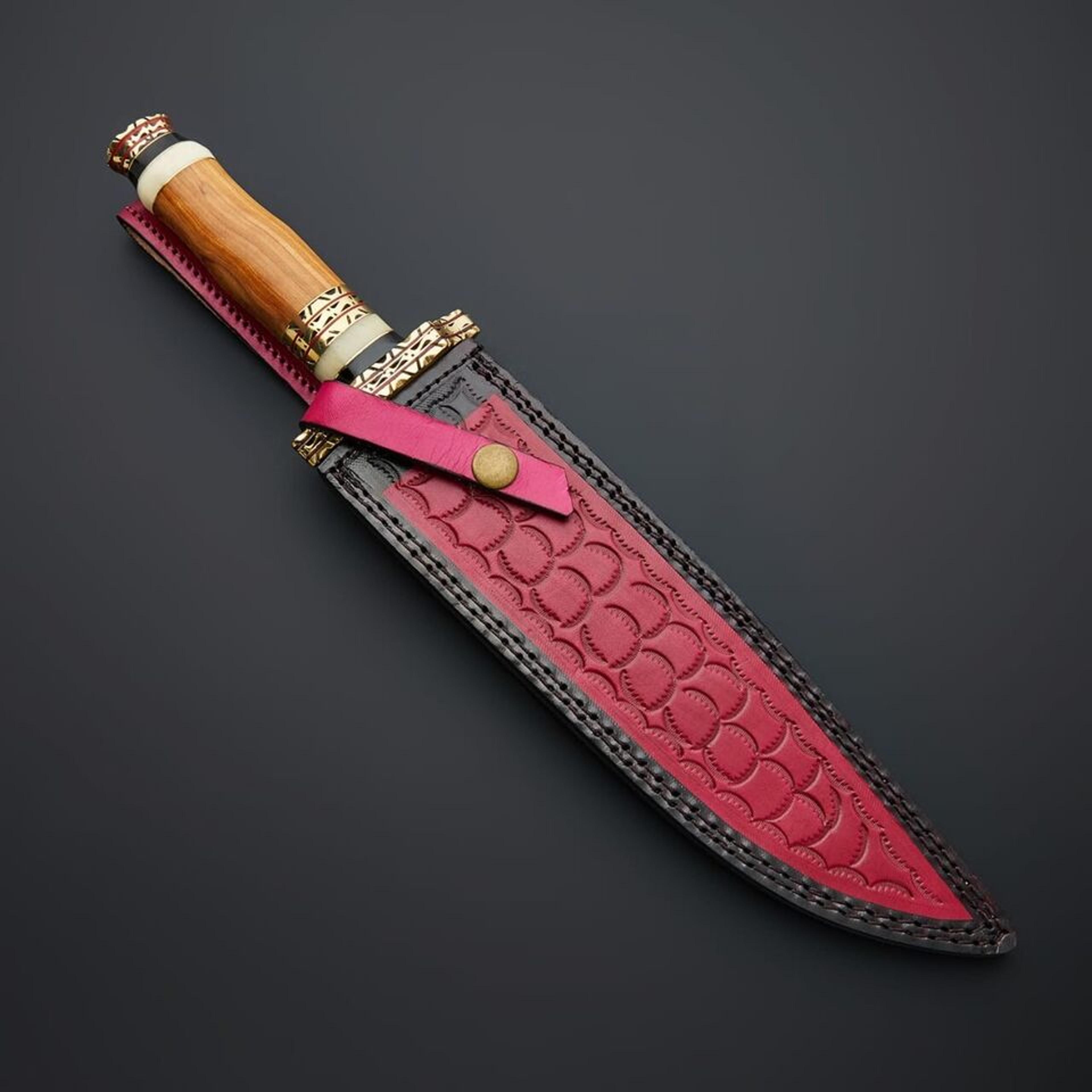 custom handmade damascus steel hunting bowie knife with leather sheath