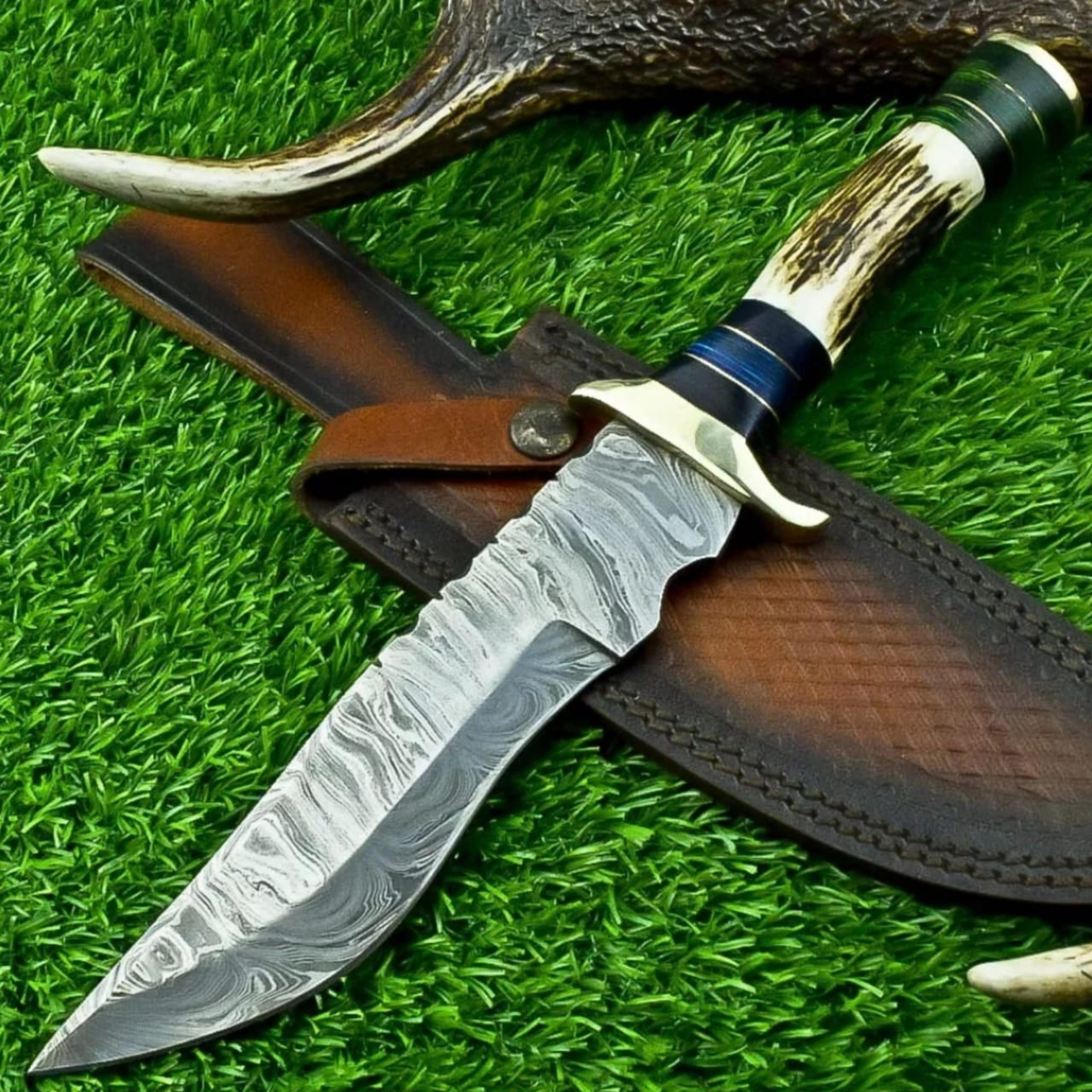 custom hand forged damascus steel bowie knife, hunting knife, camping knife