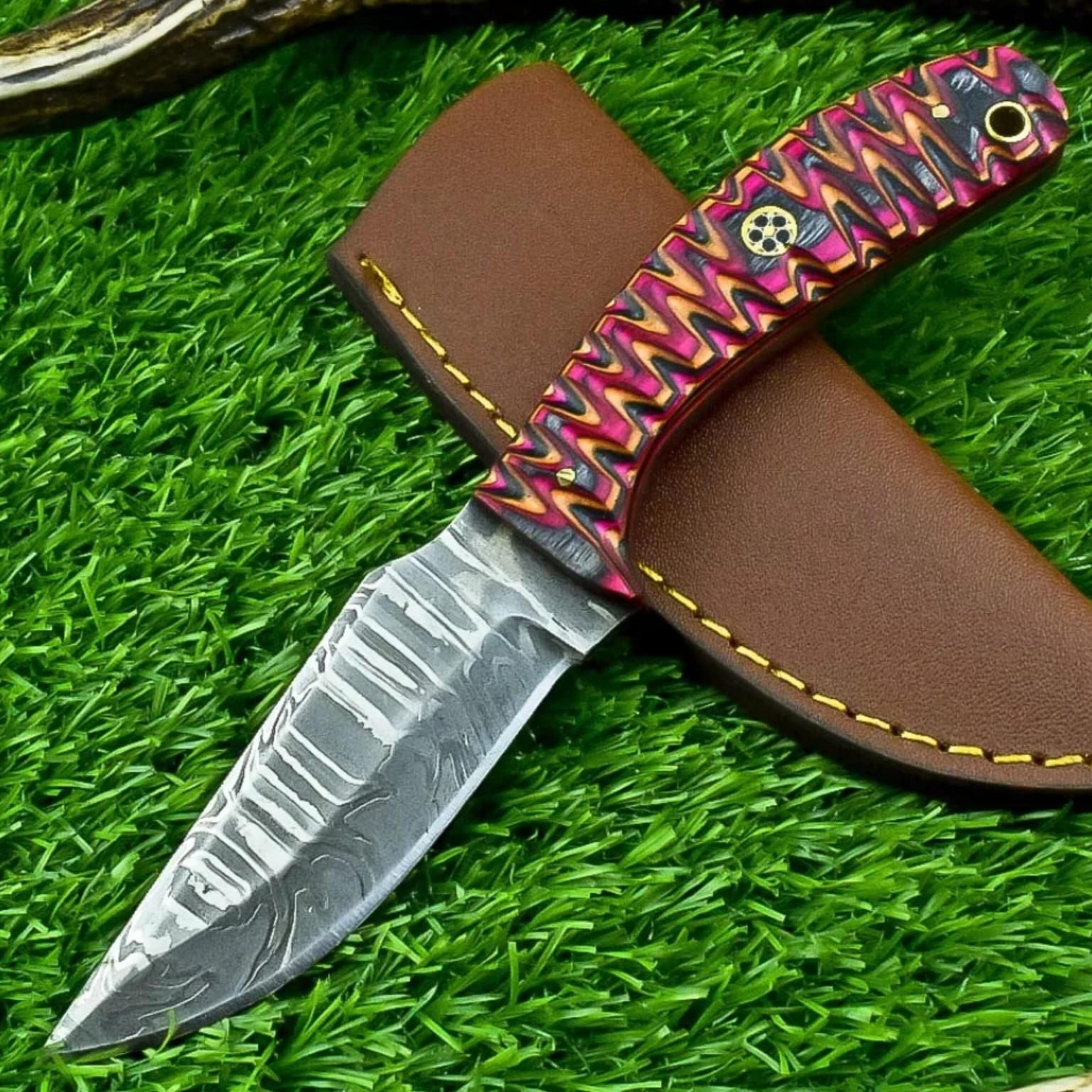 custom hand forged damascus steel skinning knife, hunting knife camping knife