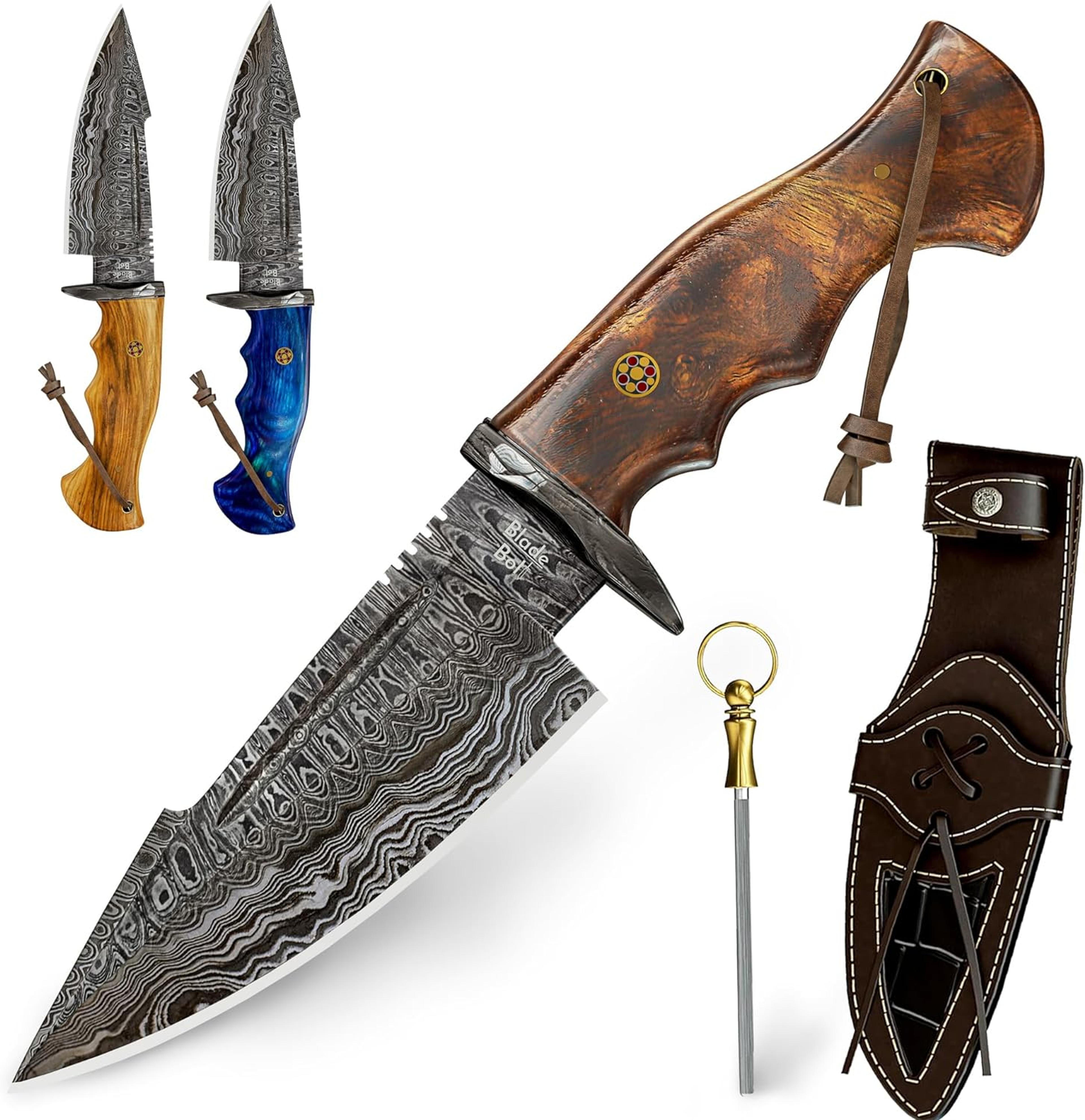 10" handmade damascus hunting knife with sheath - fixed blade hunting knives for men - walnut wood handle fixed blade