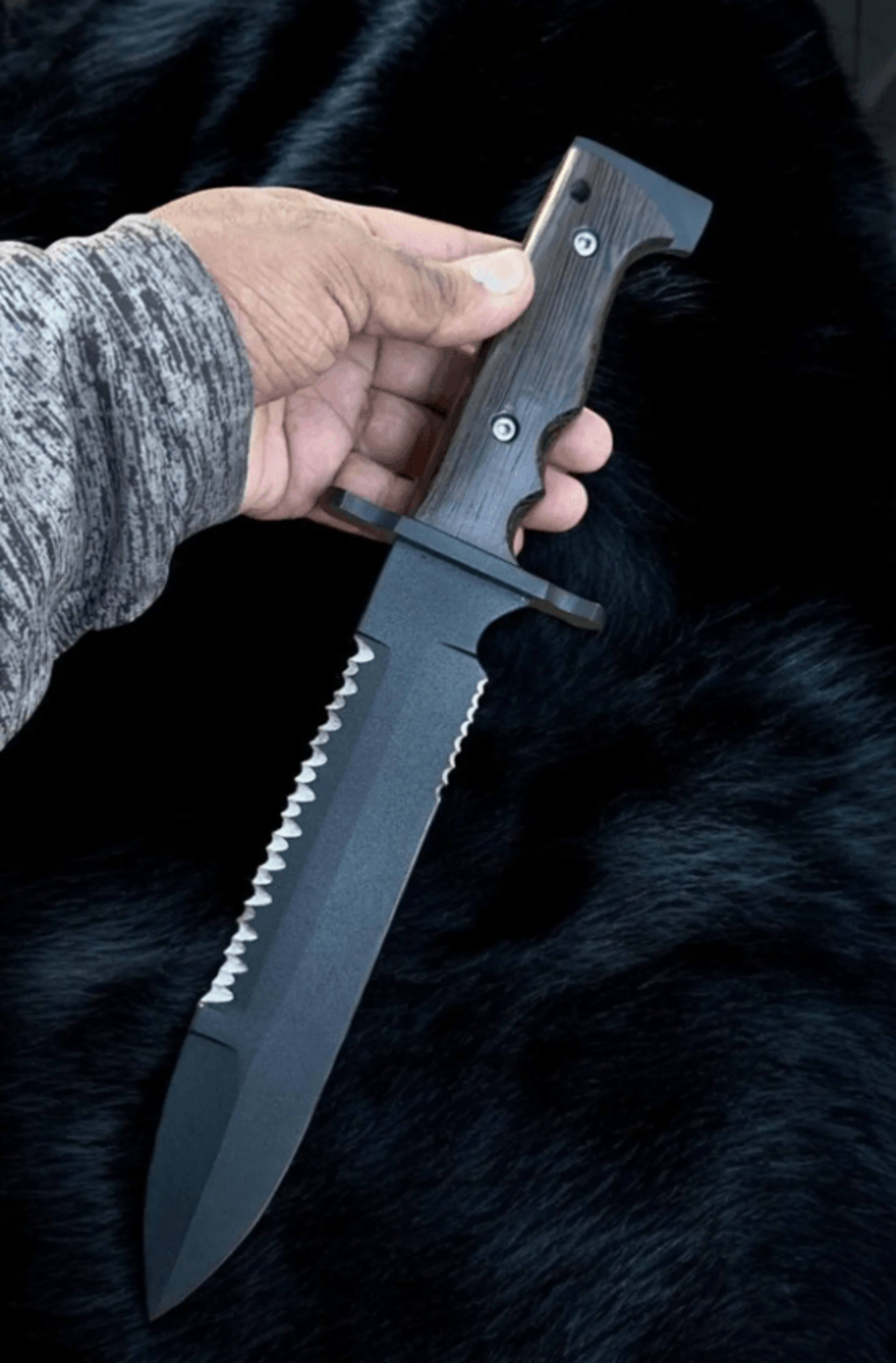 carbon steel bowie knife | powder-coated 15" hunting blade | wangi wood handle + leather sheath