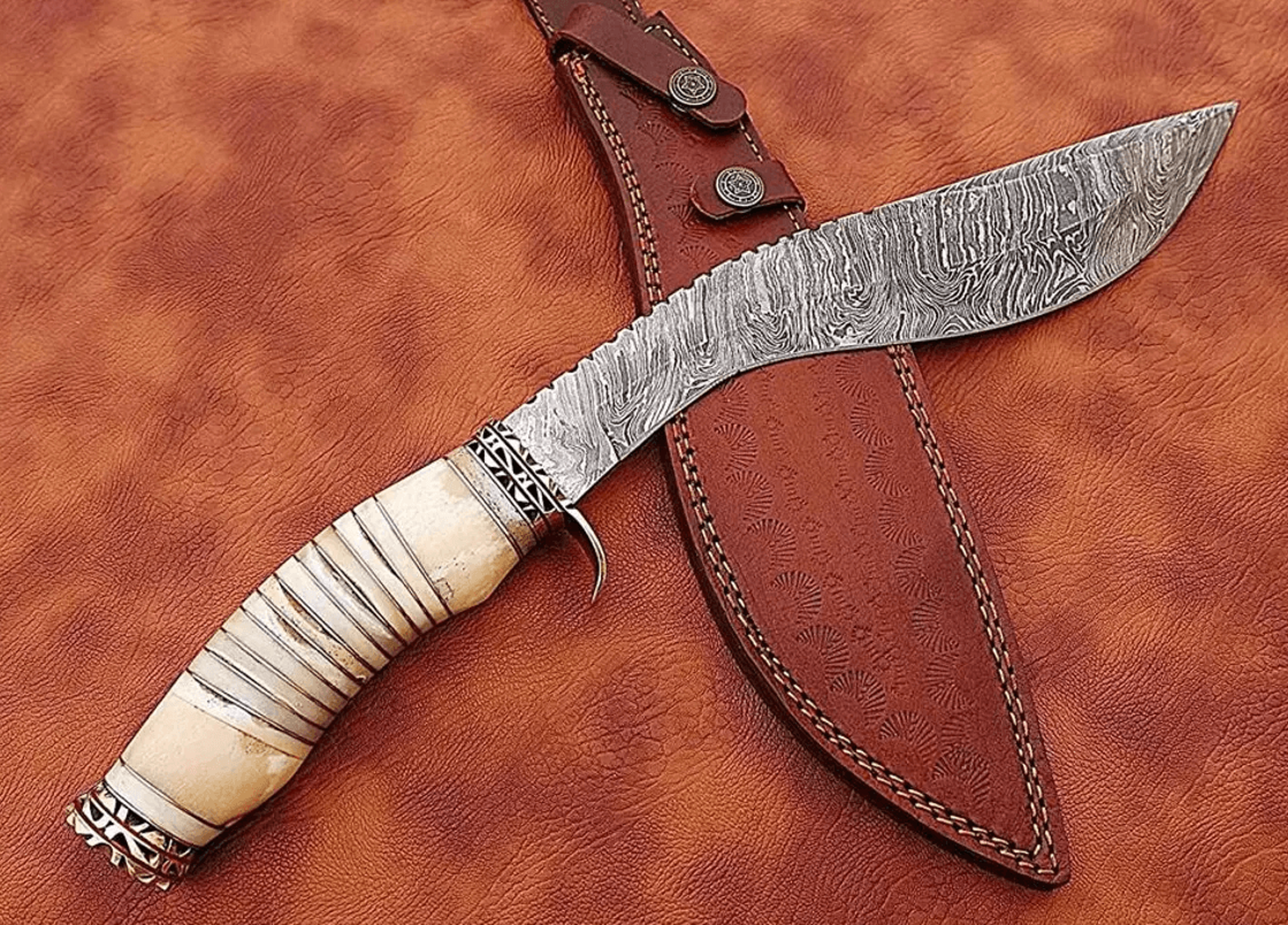 forged damascus kukri bowie knife | 15" hunting blade + camel bone handle | leather sheath survival knife