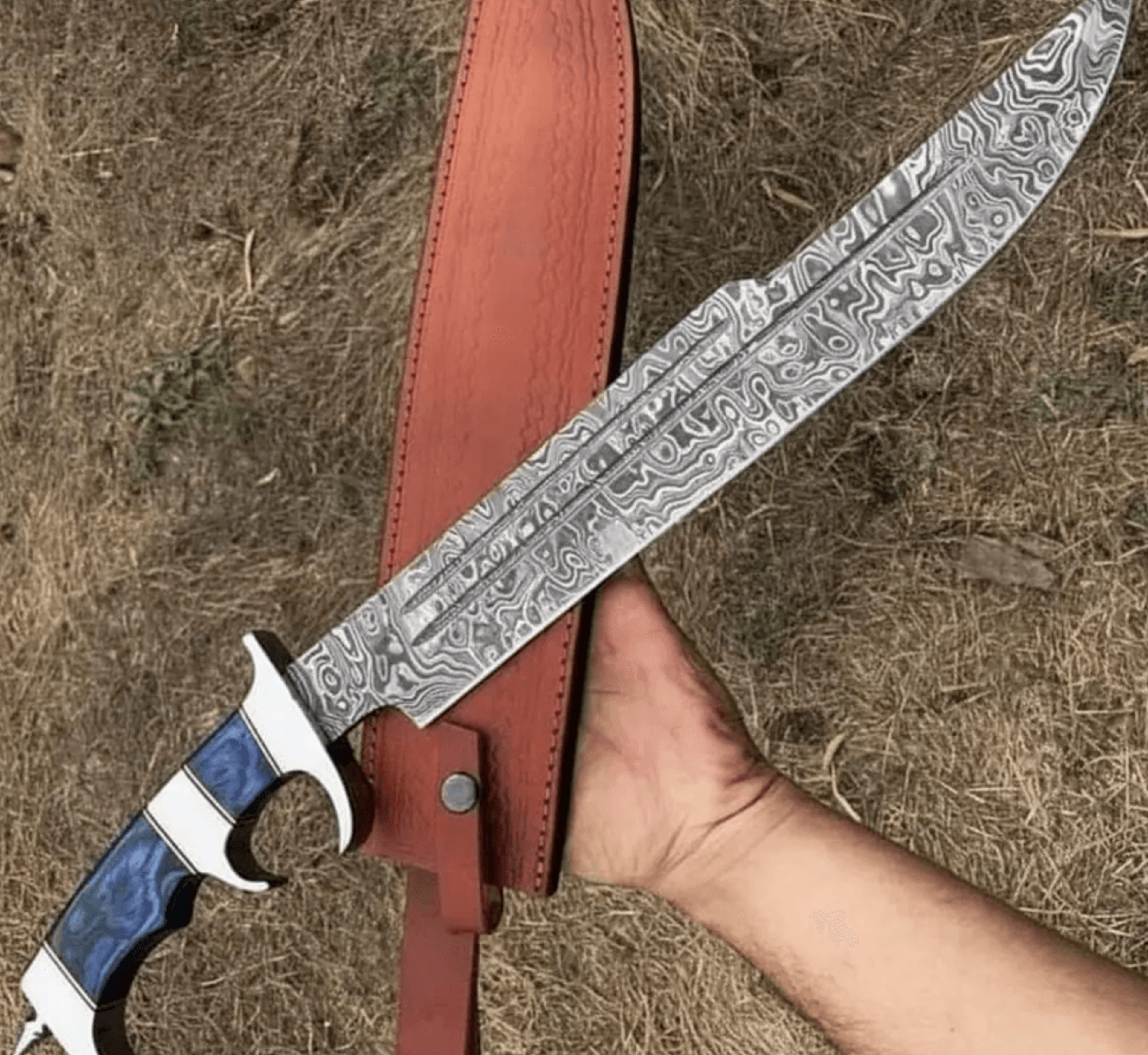 steel outdoor knife | hand-forged 400-layer blade with blue pakka wood handle & leather sheath