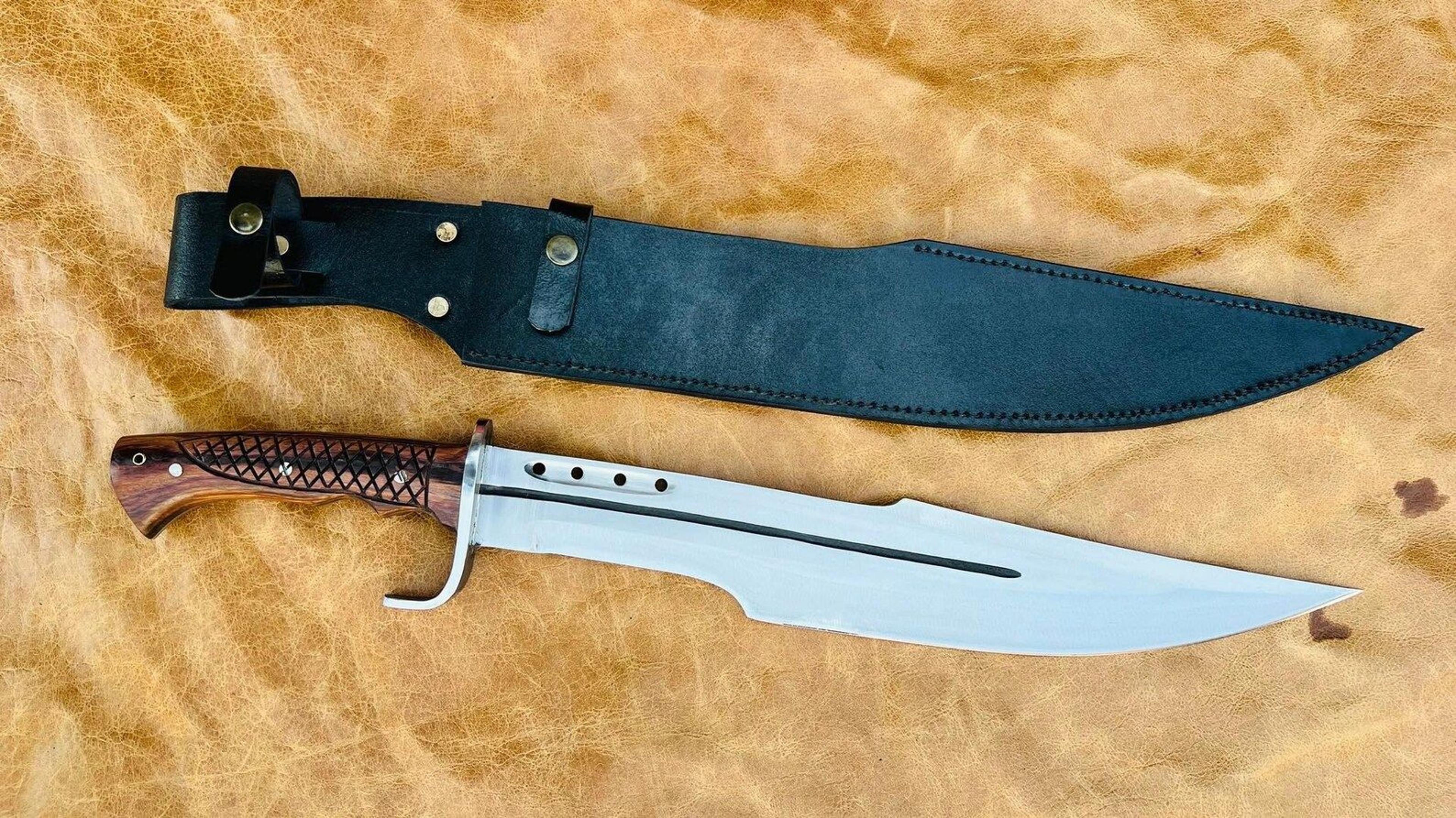 handcrafted high carbon steel bowie knife with carved rosewood handle & leather sheath