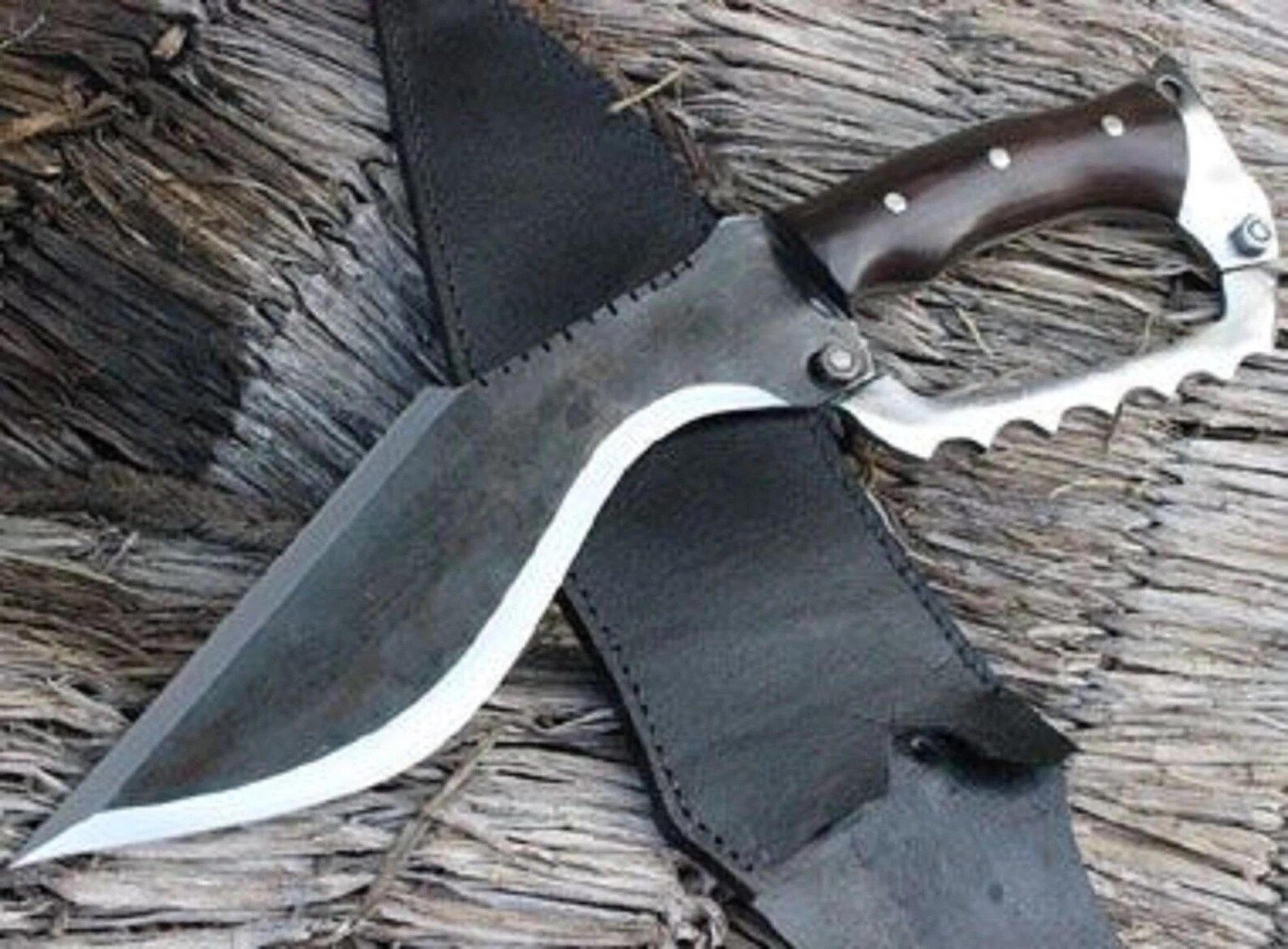handcrafted high carbon steel tactical kukri knife with hardwood handle, steel claw guard & leather sheath