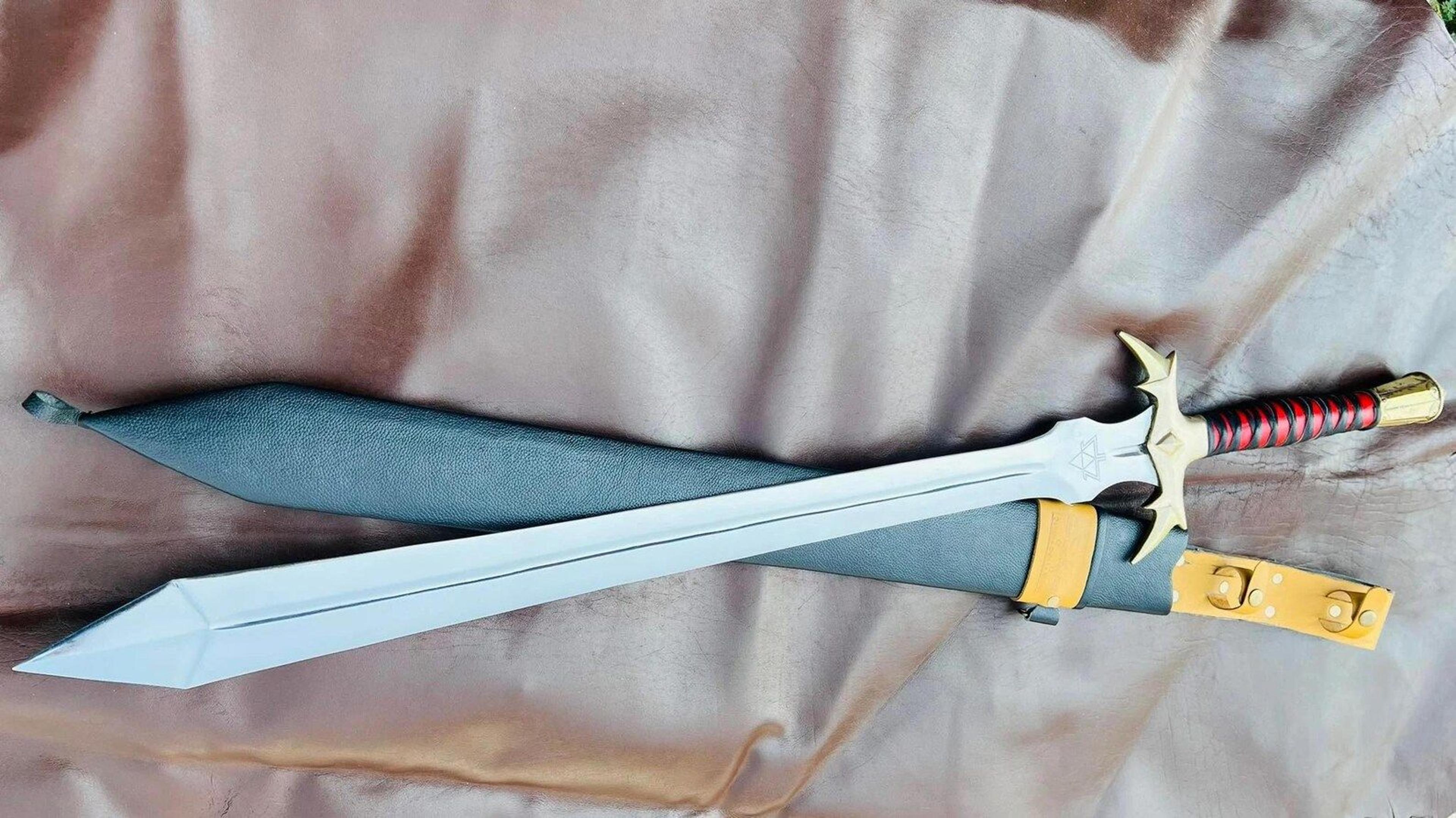handcrafted fantasy sword with high carbon steel blade, wrapped handle & leather scabbard