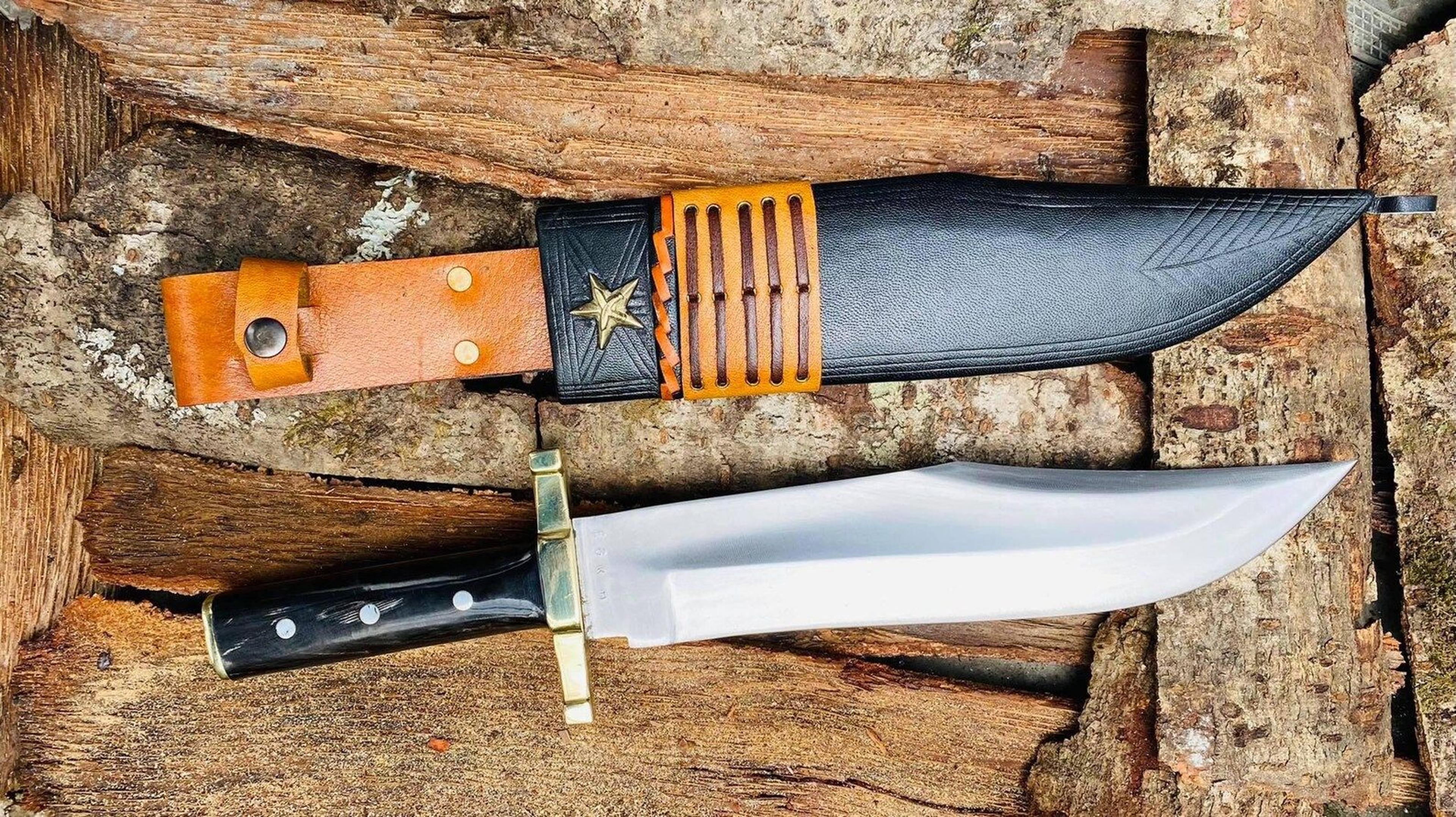 hand forged high carbon steel bowie hunting knife with brass guard, hardwood handle & leather sheath