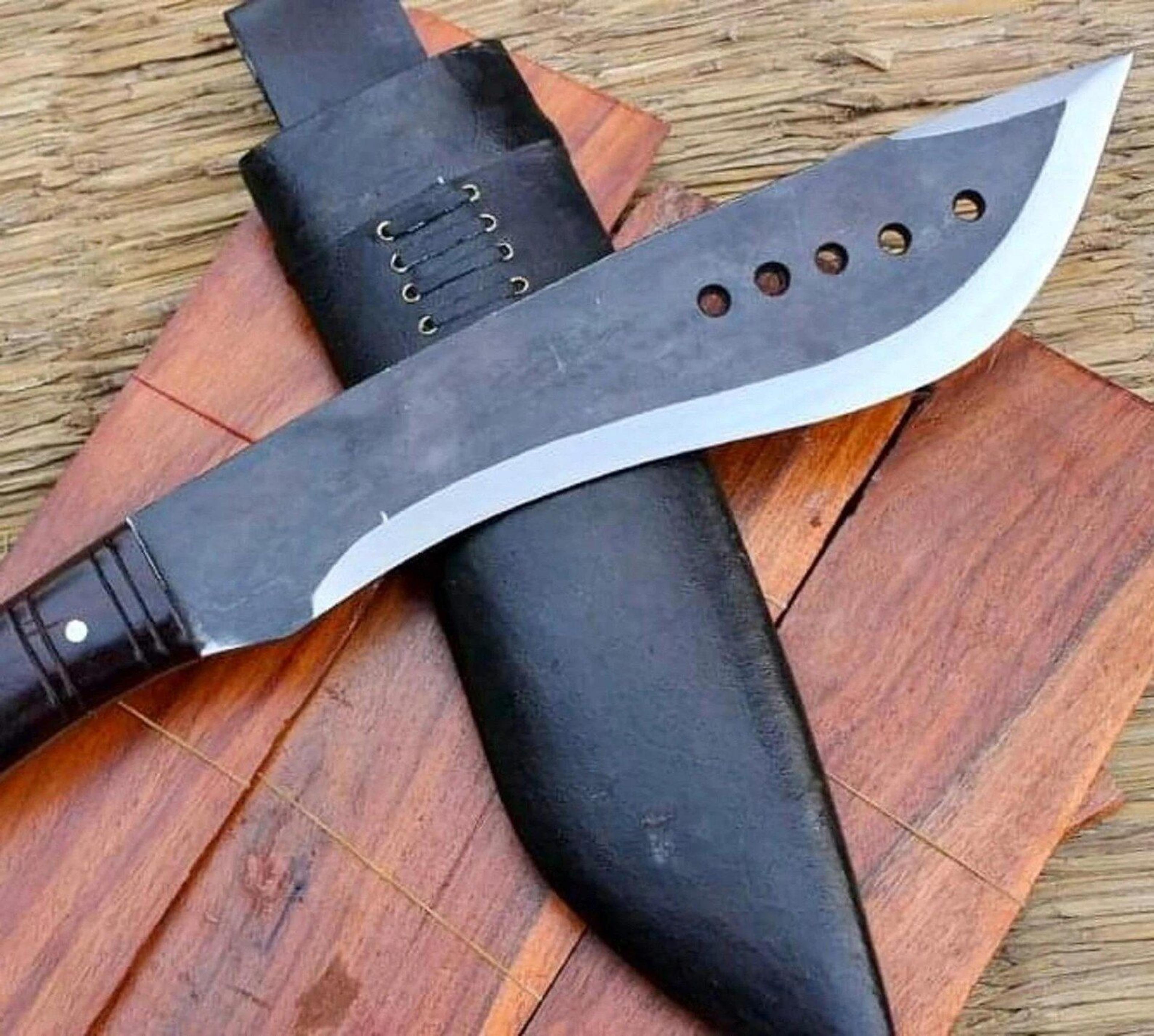 handcrafted high carbon steel kukri knife with full tang blade, rosewood handle & leather sheath