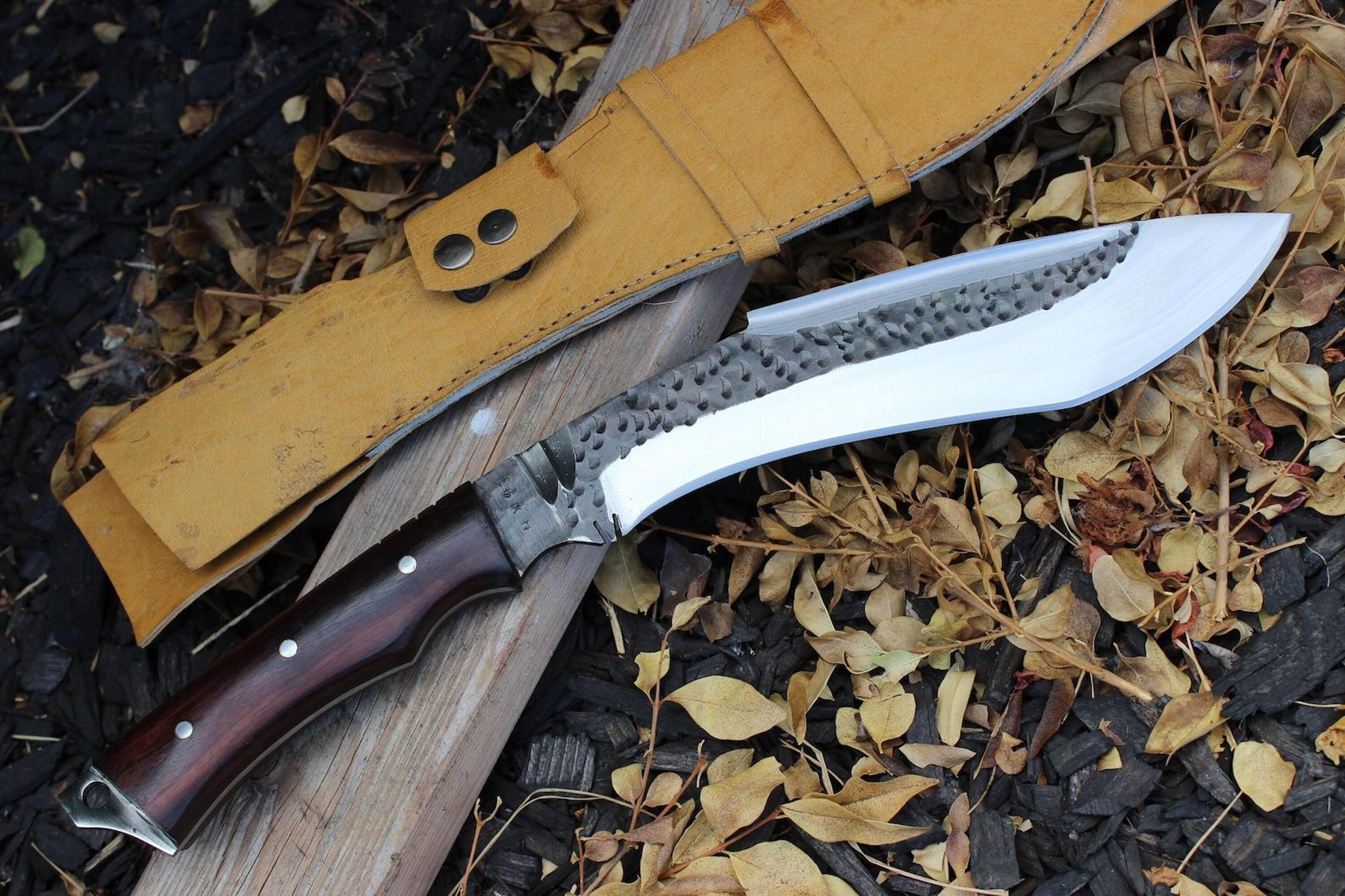 hand forged high carbon steel kukri hunting knife with hammered spine, rosewood handle & leather sheath
