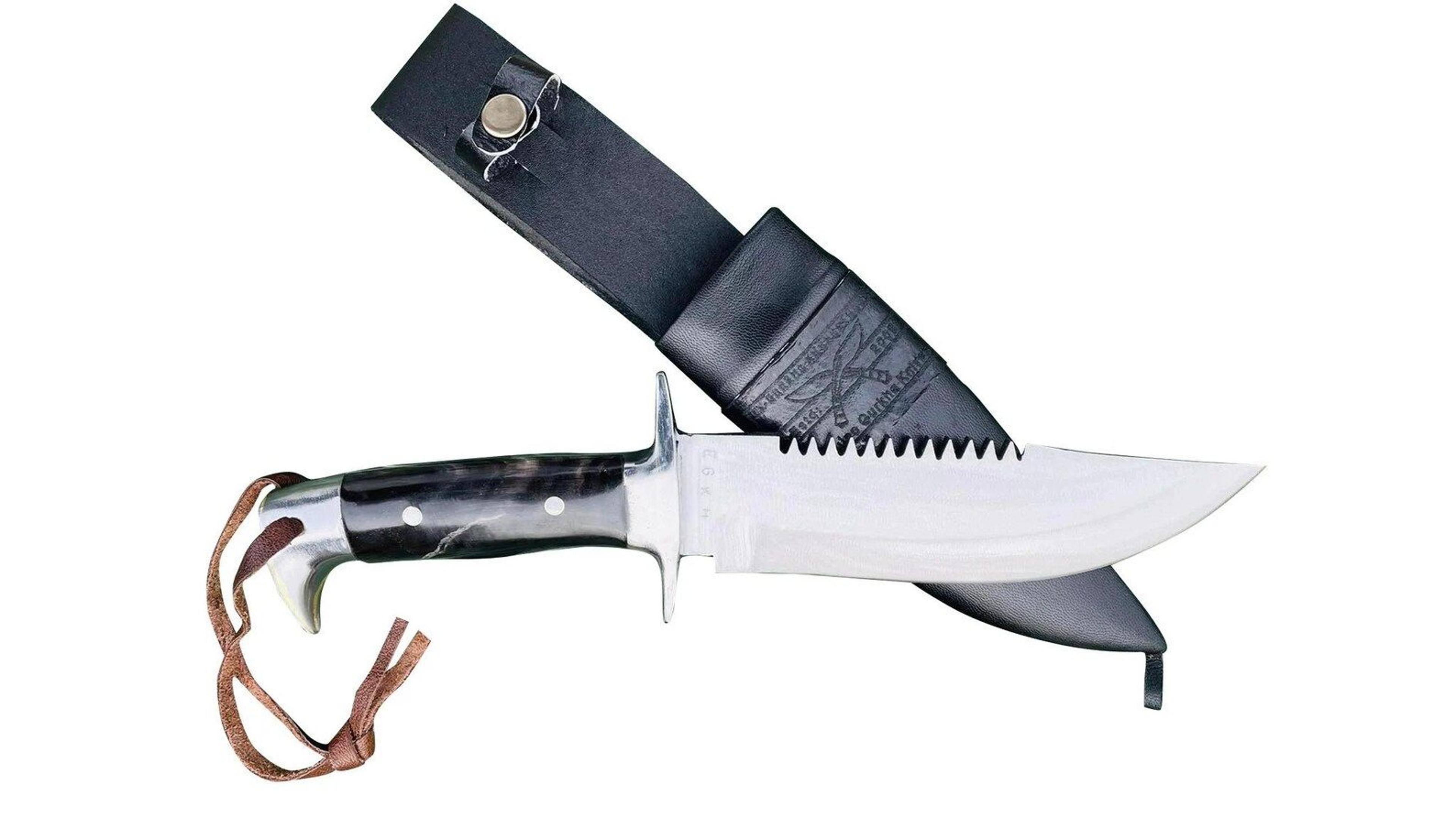 hand forged high carbon steel survival hunting bowie knife with serrated spine & leather sheath