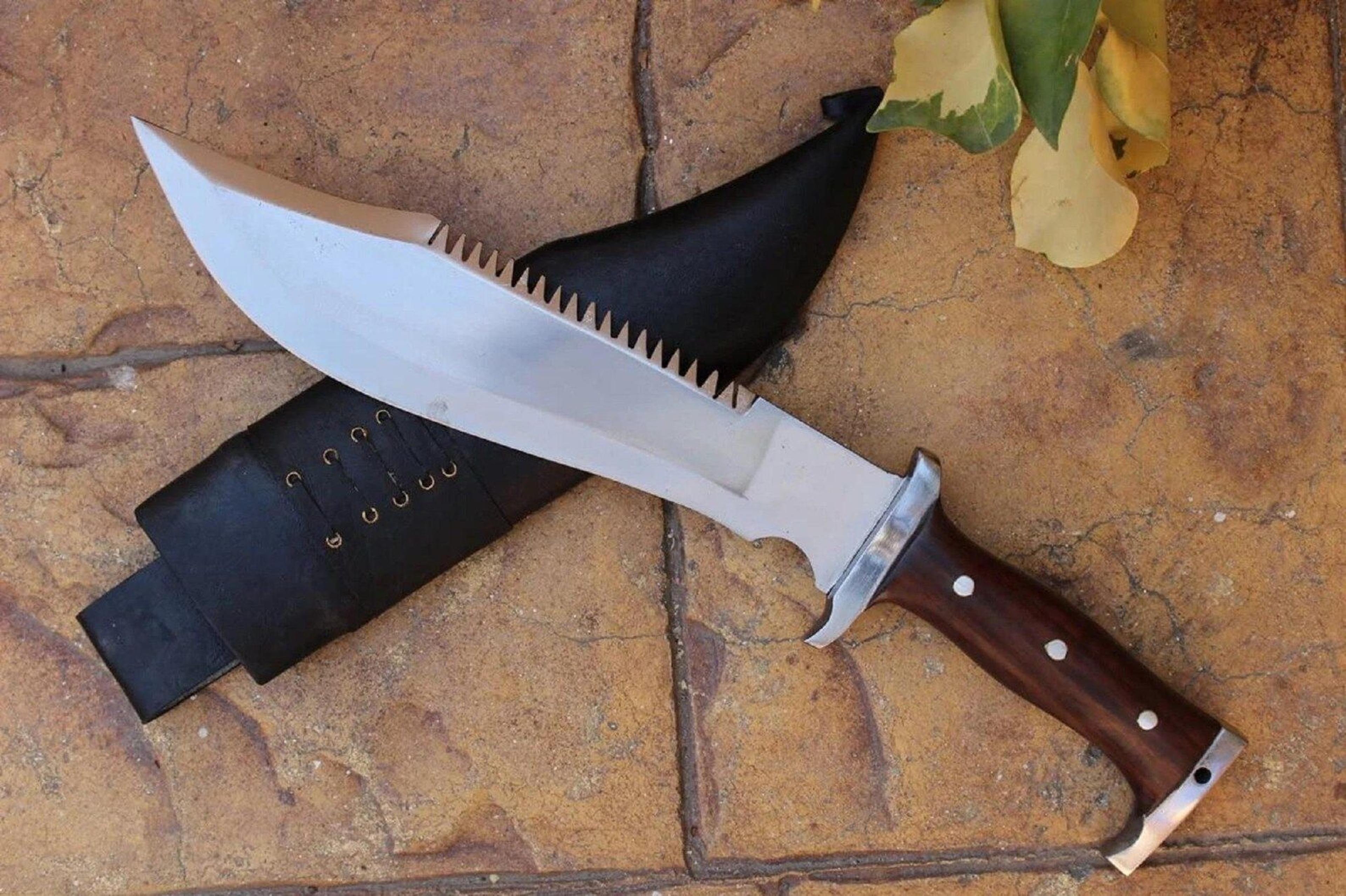 hand forged high carbon steel survival bowie knife with serrated spine, full tang & leather sheath