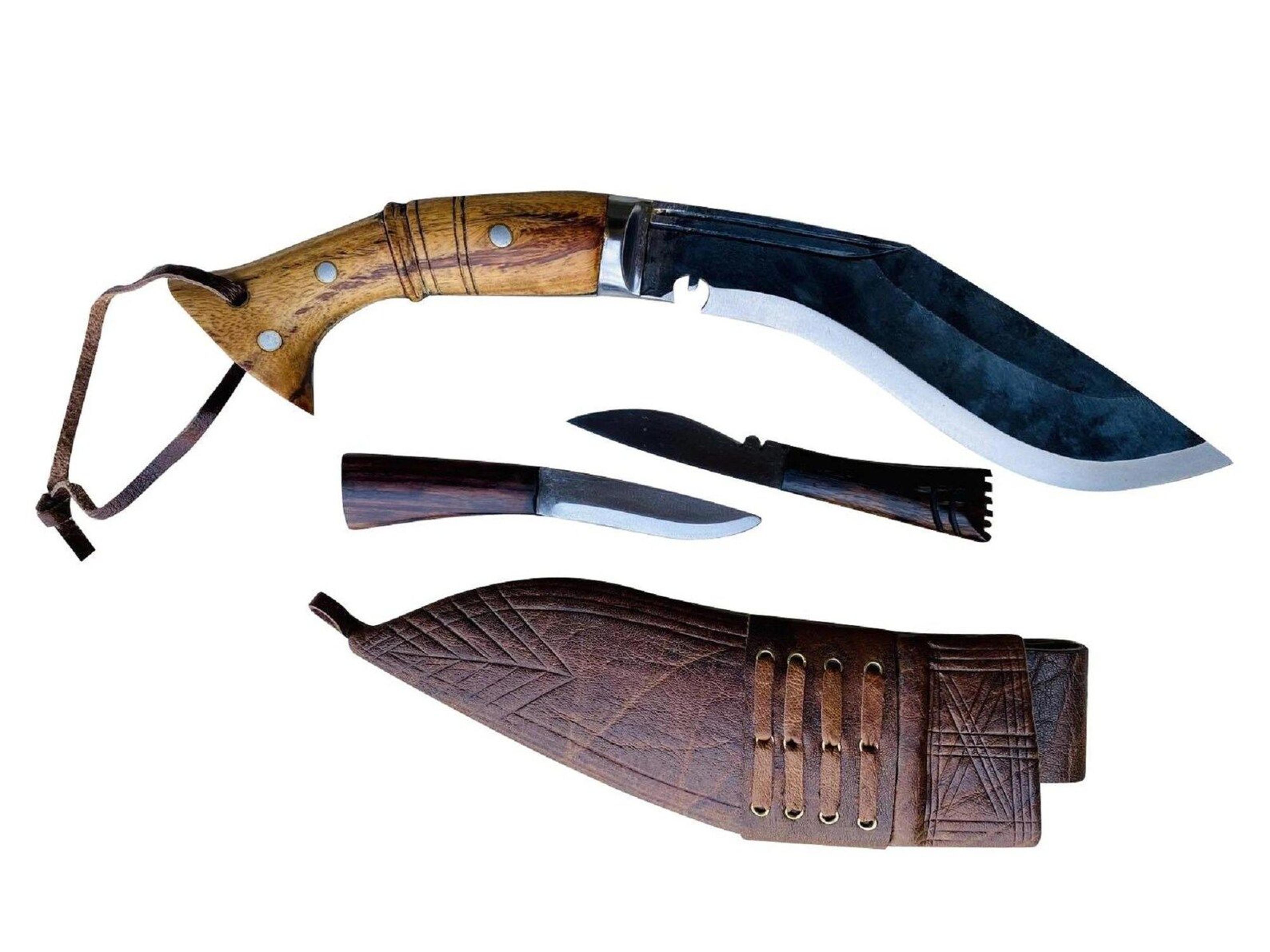 hand forged high carbon steel kukri knife set with utility knives & genuine leather sheath