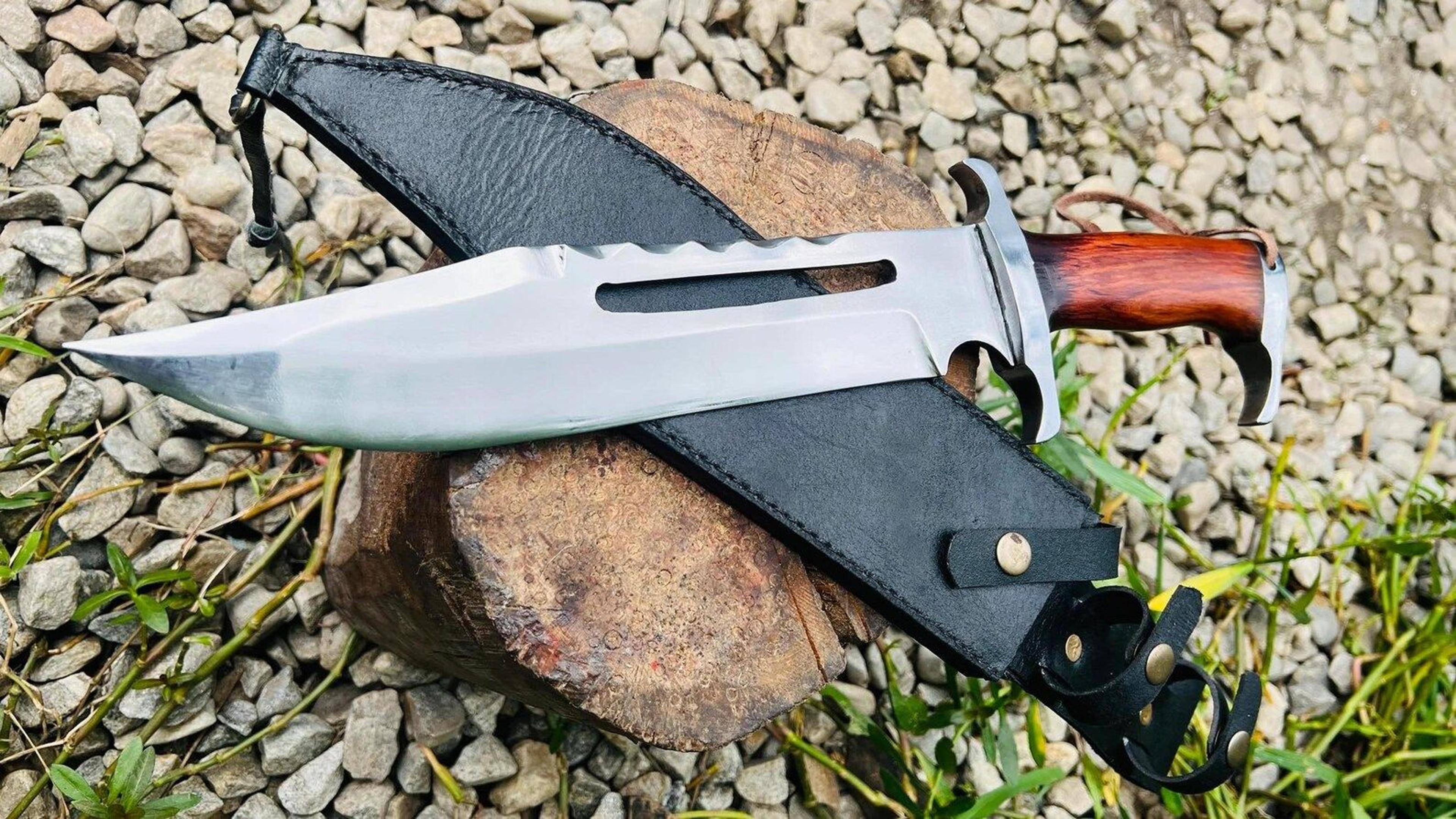 hand forged high carbon steel tactical bowie knife with serrated spine, full tang & leather sheath
