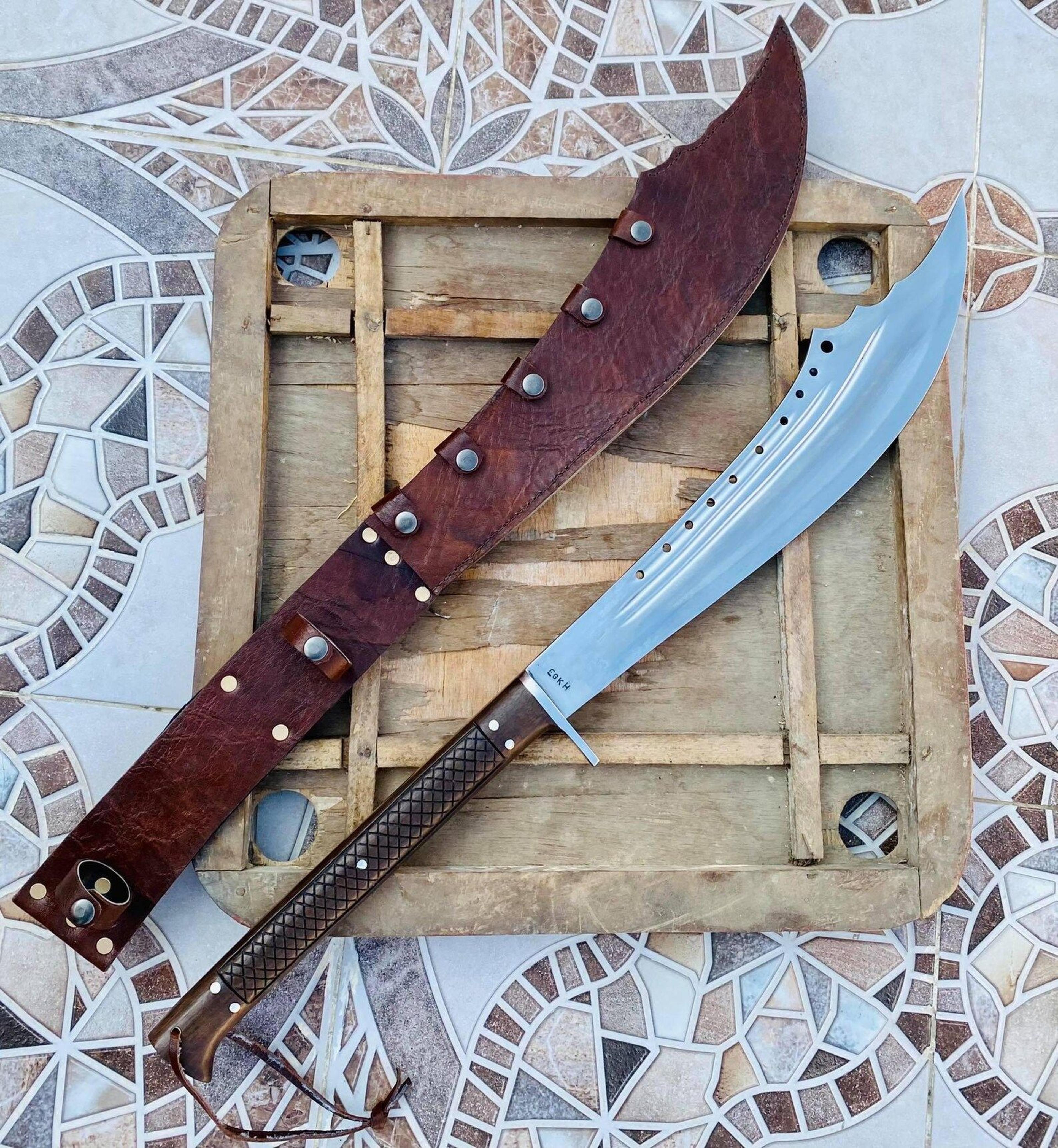 hand forged high carbon steel kukri machete with wooden handle & premium leather sheath