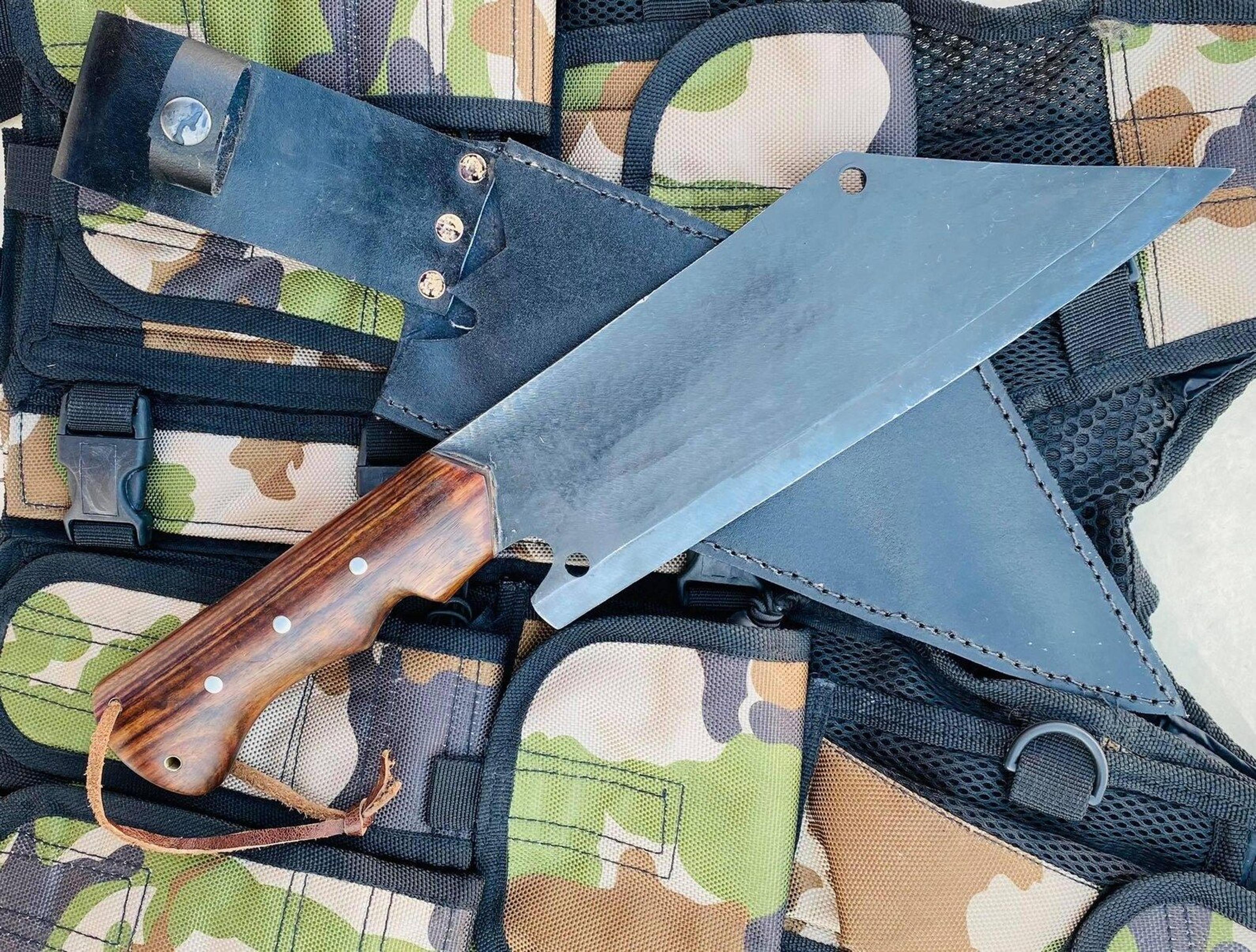 hand forged high carbon steel cleaver knife with rosewood handle & genuine leather sheath