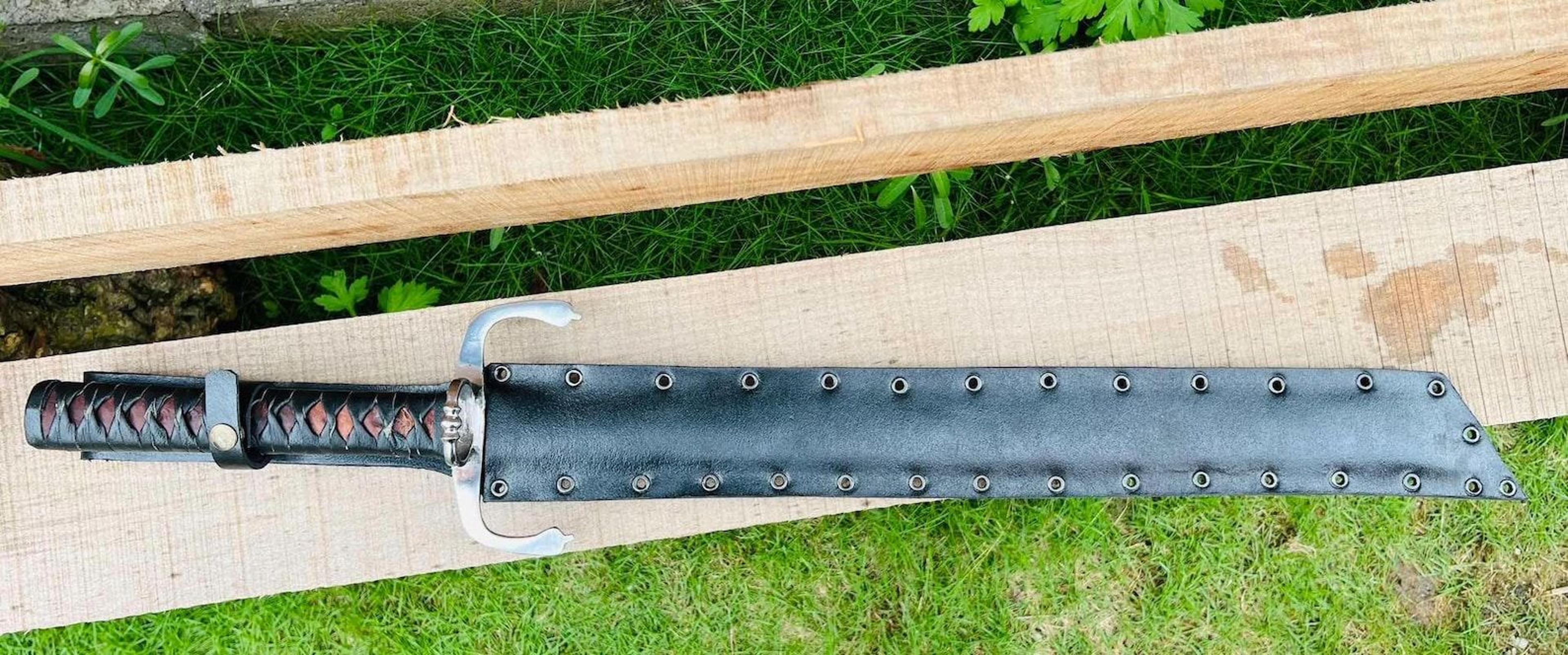 hand forged high carbon steel pirate cutlass sword with full tang, wrapped handle & leather scabbard