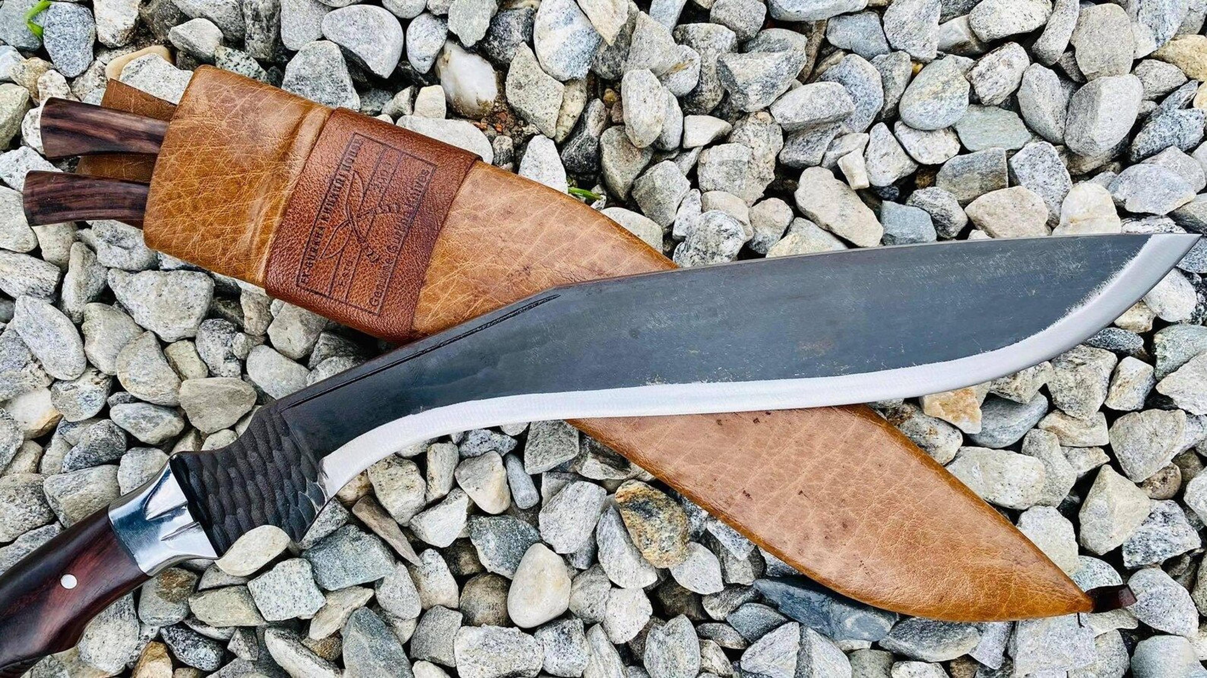 hand forged high carbon steel kukri knife set with 2 utility knives, rosewood handle & leather sheath