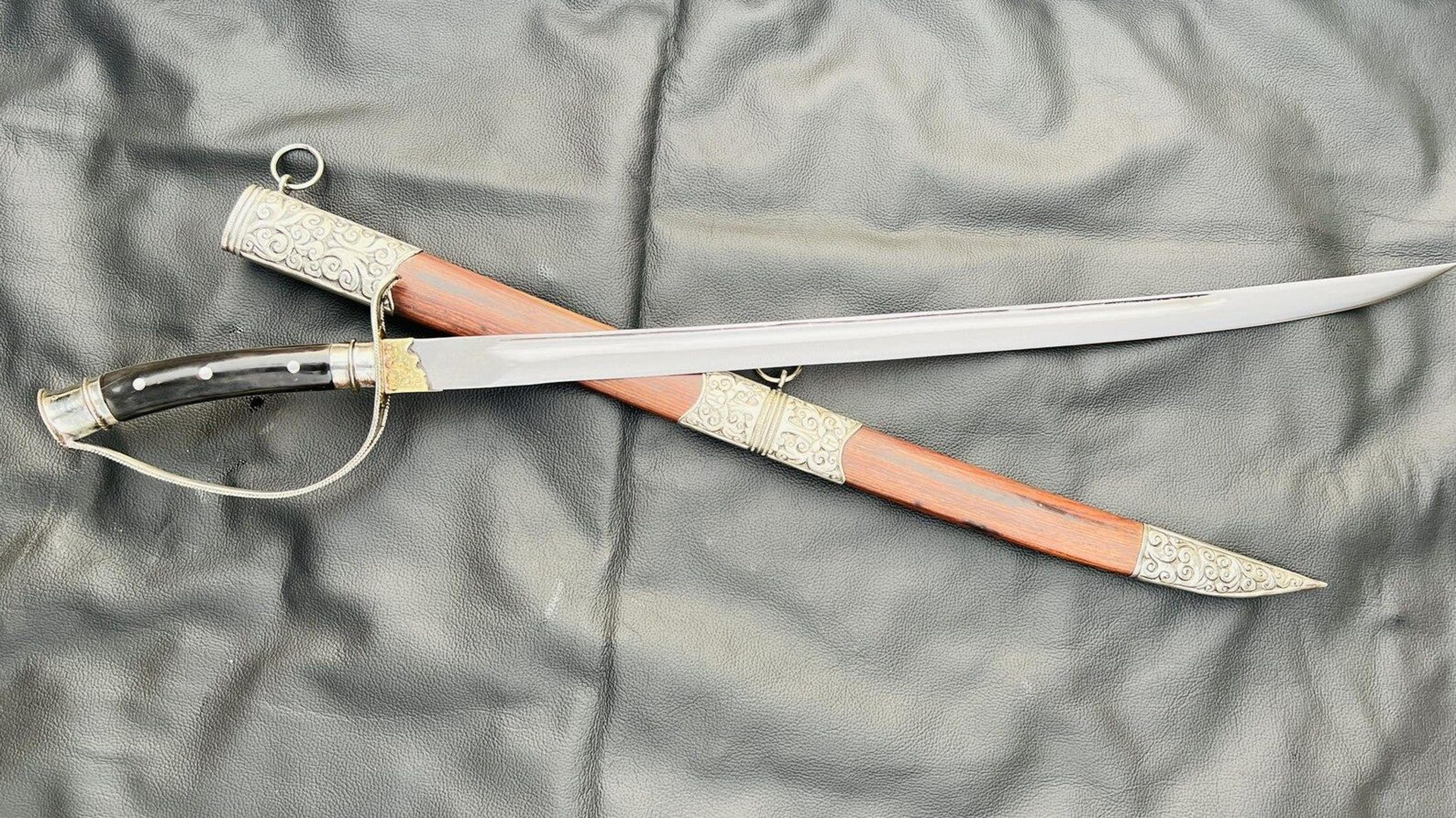 authentic historical saber sword replica with hand-forged blade and wooden scabbard