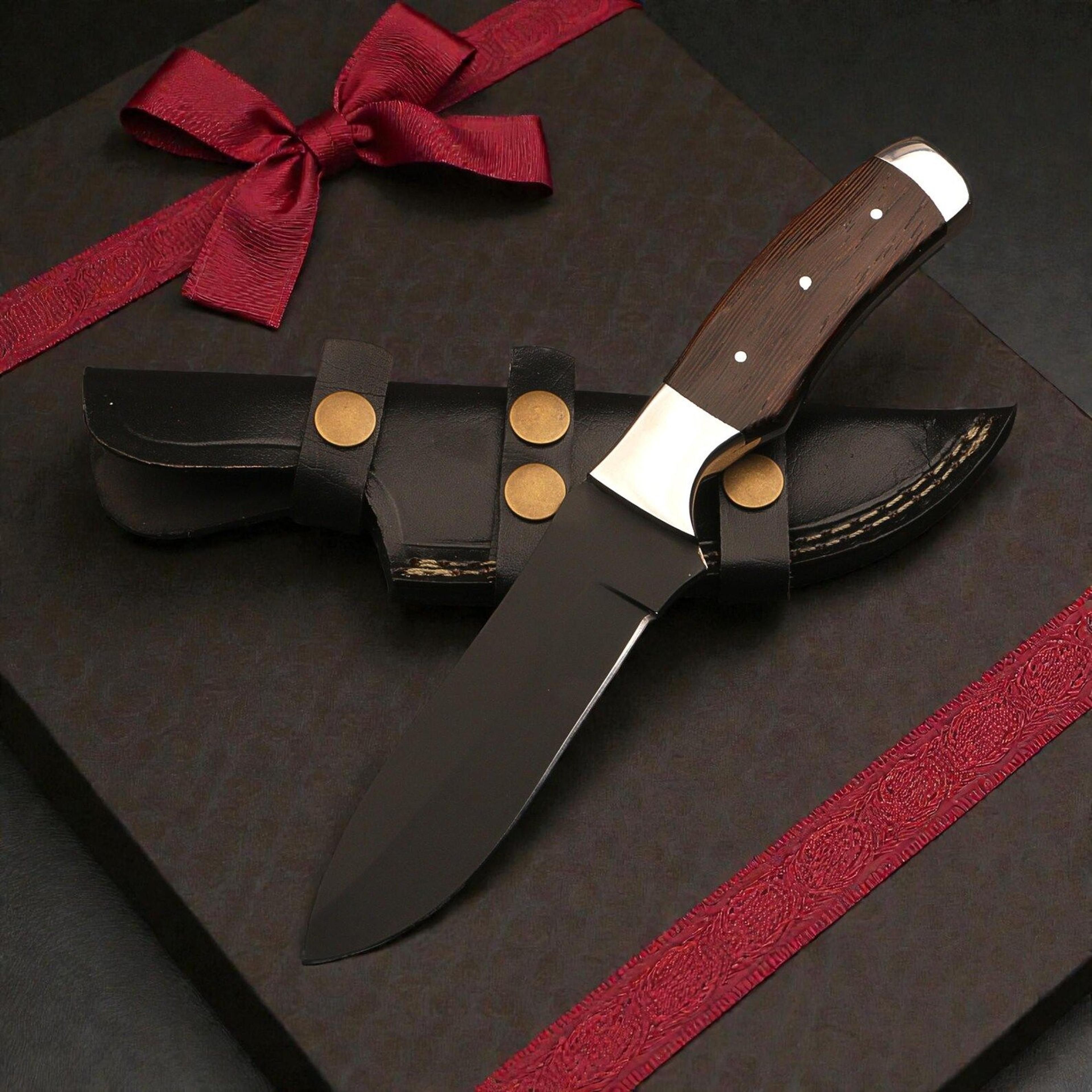 handmade black tactical hunting knife with stainless steel blade & wenge wood handle – premium fixed blade for outdoor,