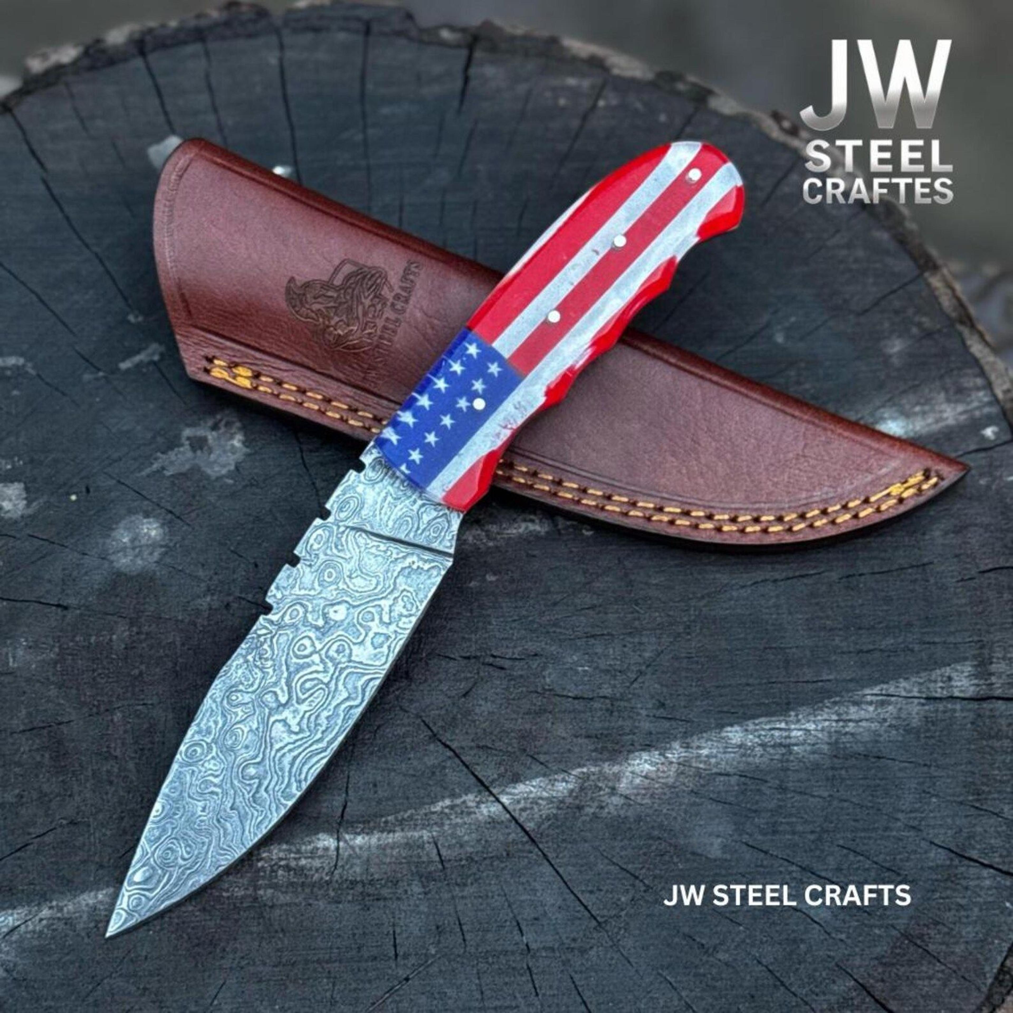 handmade damascus hunting knife with american flag resin handle – premium fixed blade for outdoor, camping & collectors