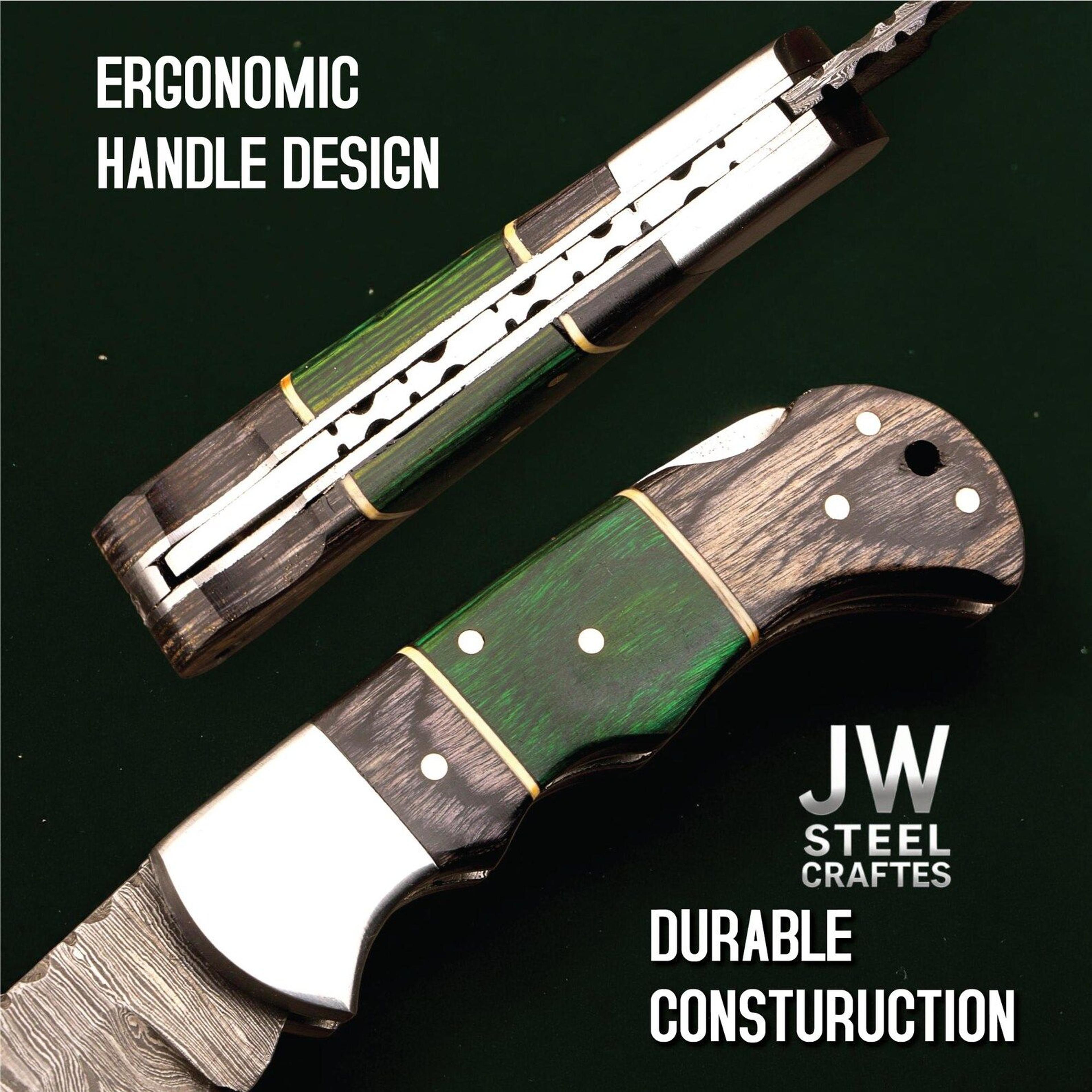 handmade damascus steel folding knife with green resin and wood handle personalized leather she