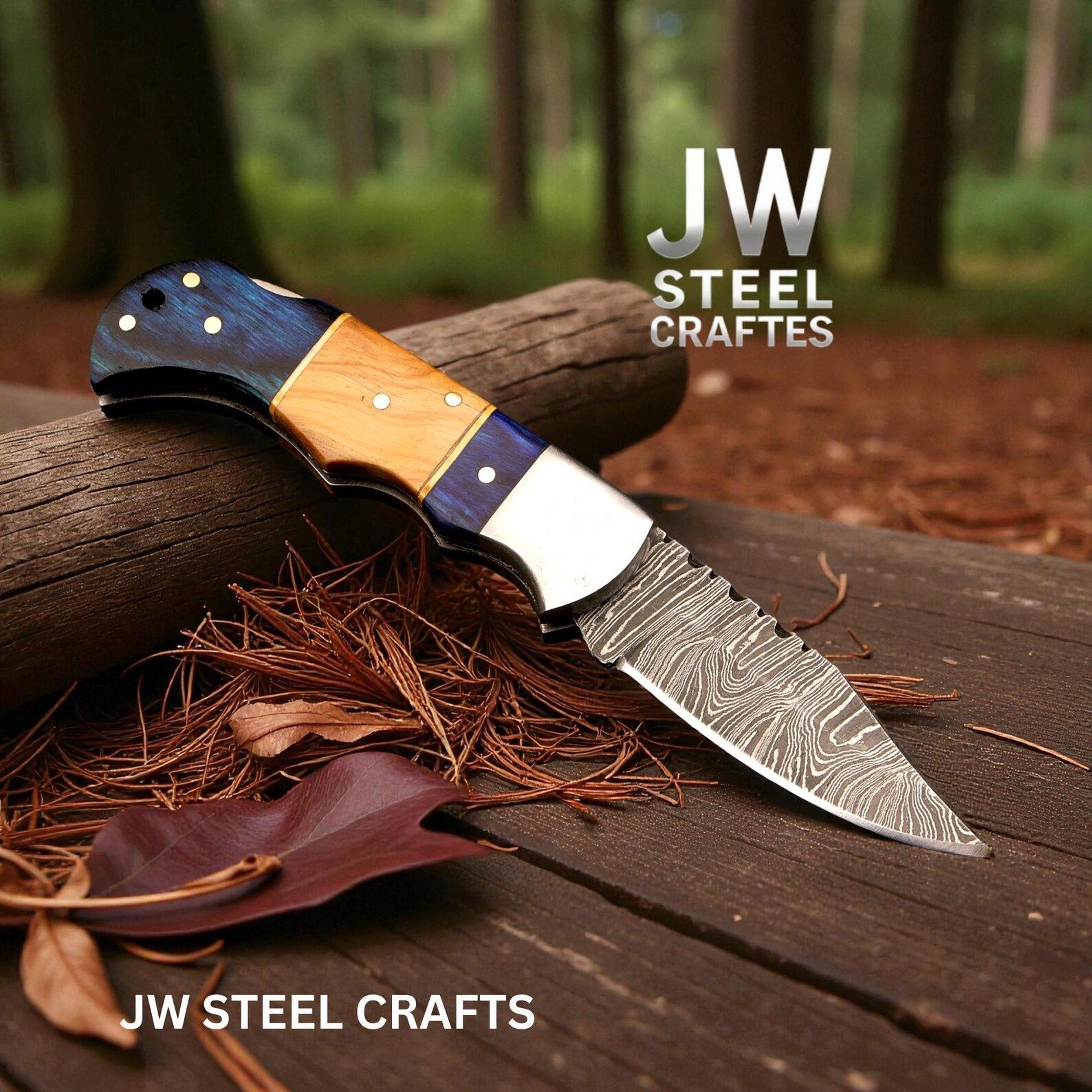 handmade damascus folding pocket knife with blue & black pakka wood handle leather sheath perso