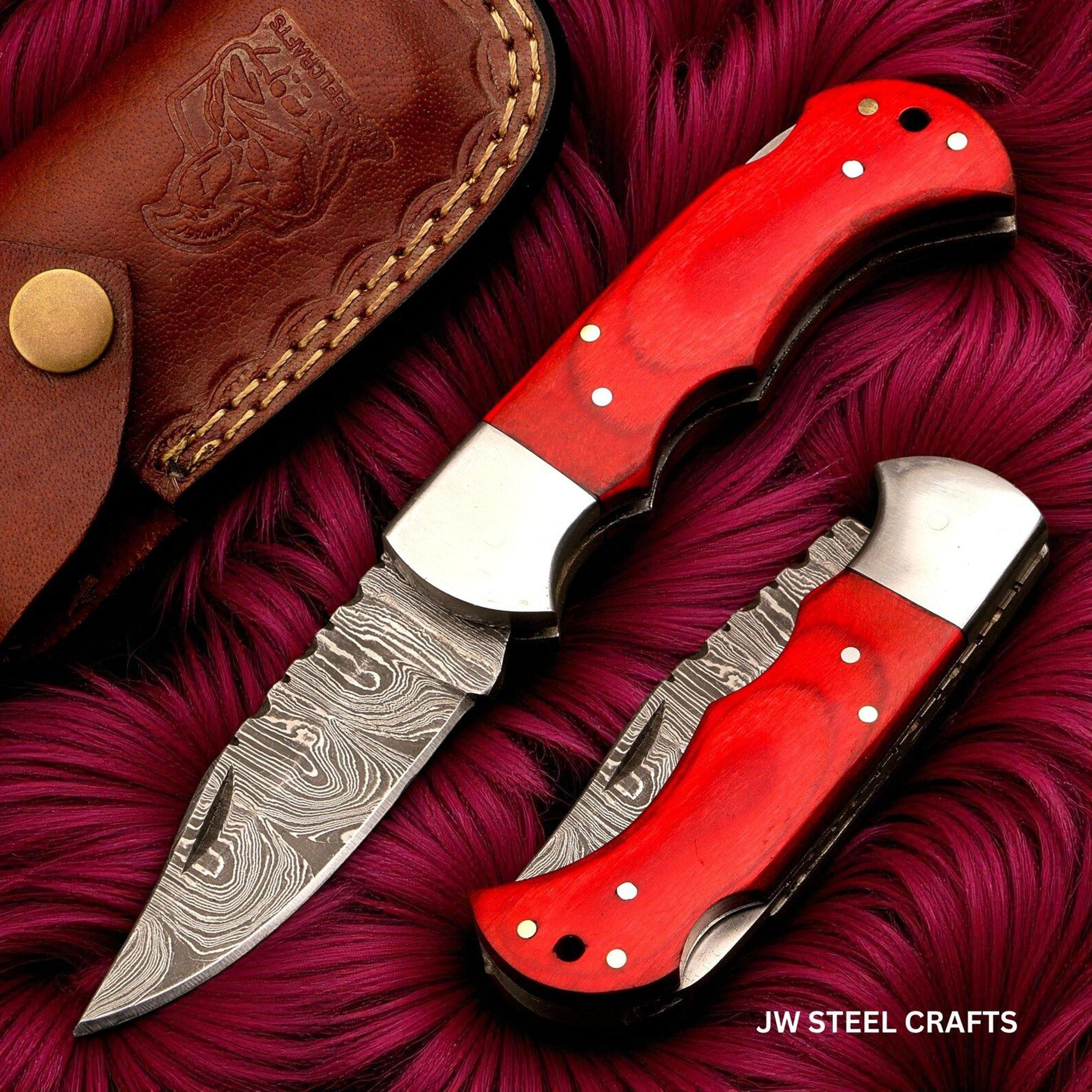 handmade damascus folding pocket knife with red rosewood handle – premium edc hunting knife for outdoor & collectors