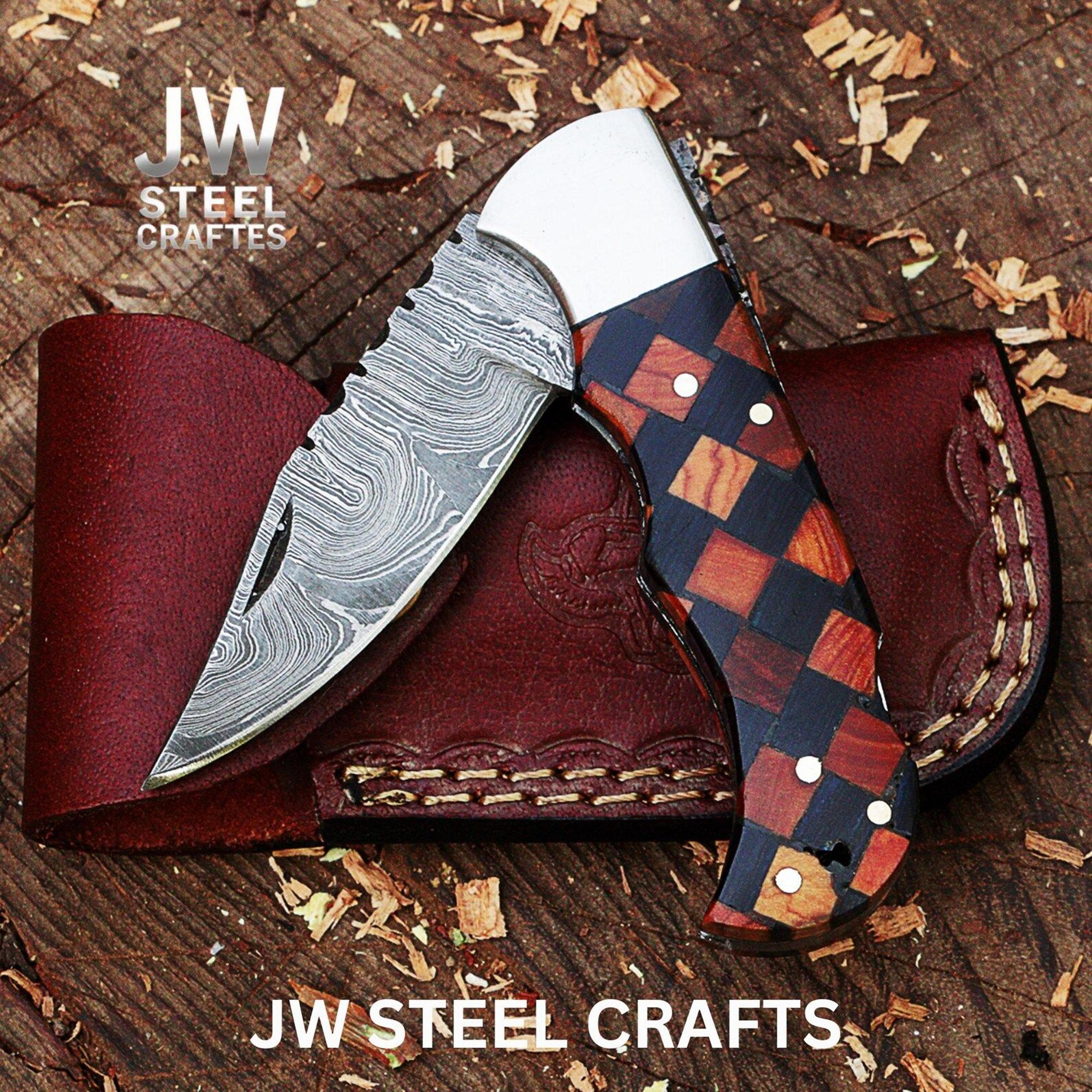 handmade damascus folding pocket knife with mosaic wood handle – premium edc hunting knife for outdoor & collectors