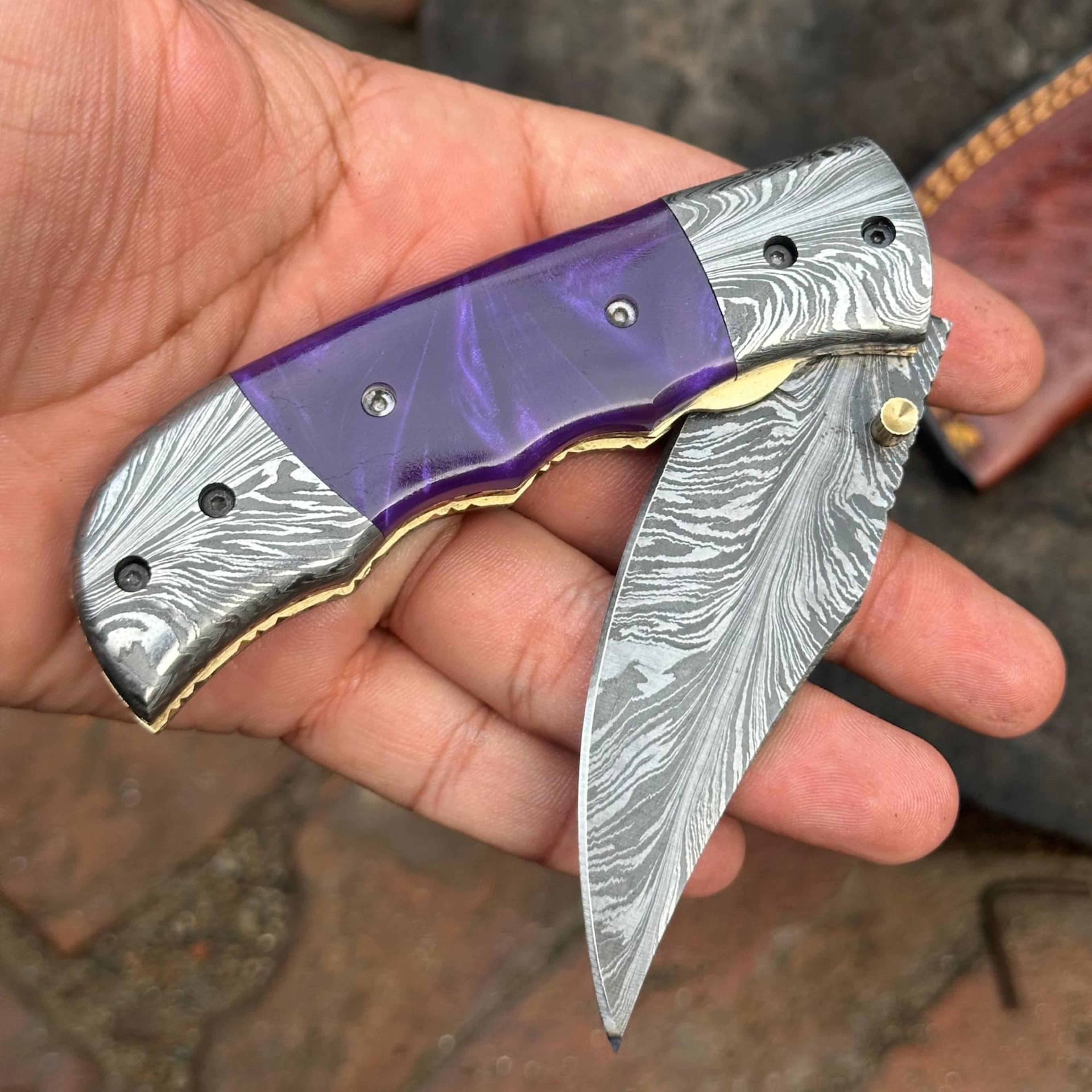 handmade damascus folding pocket knife with purple resin handle – premium edc hunting knife for outdoor & collectors