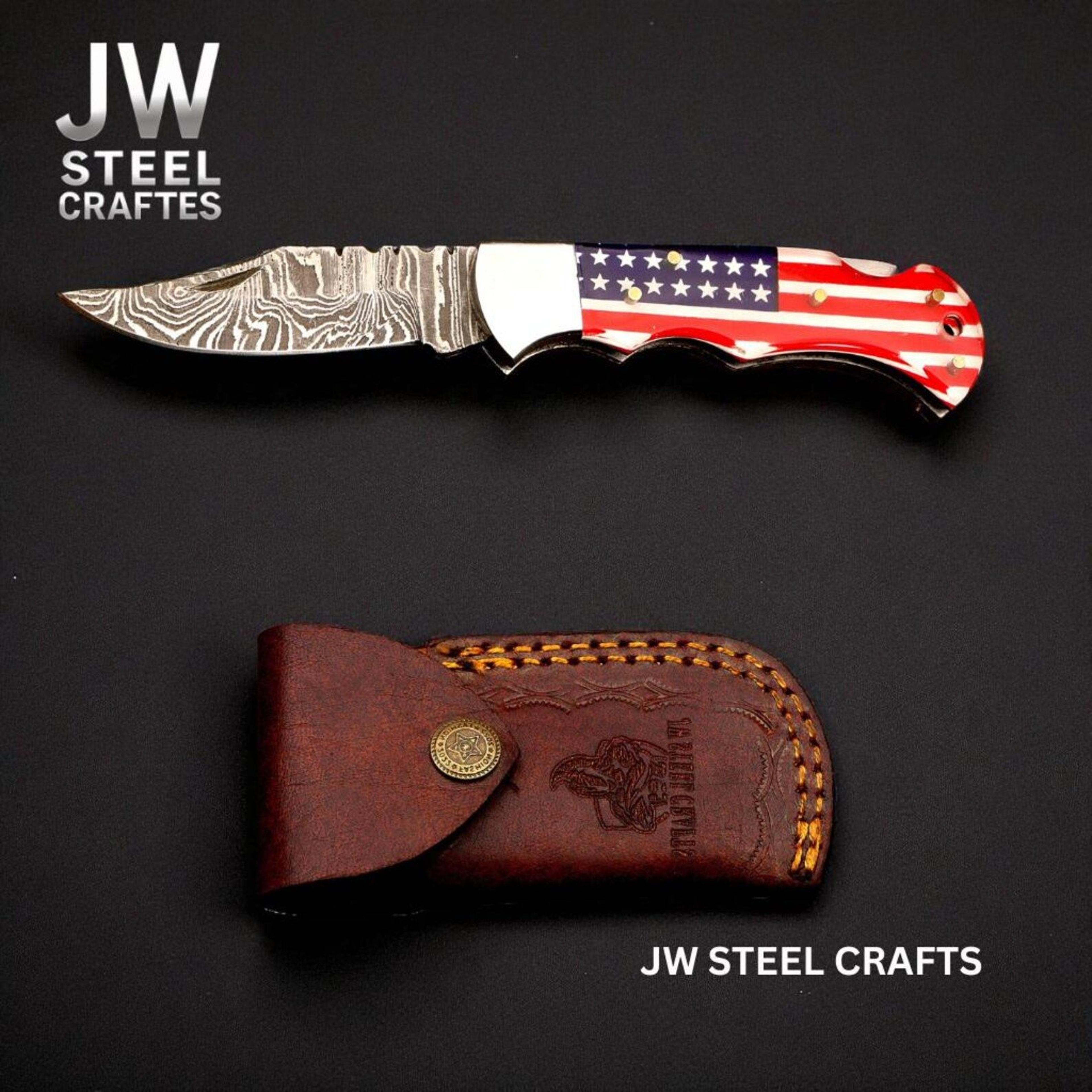 handmade damascus folding pocket knife with american flag resin handle – premium edc hunting knife for outdoor & collect