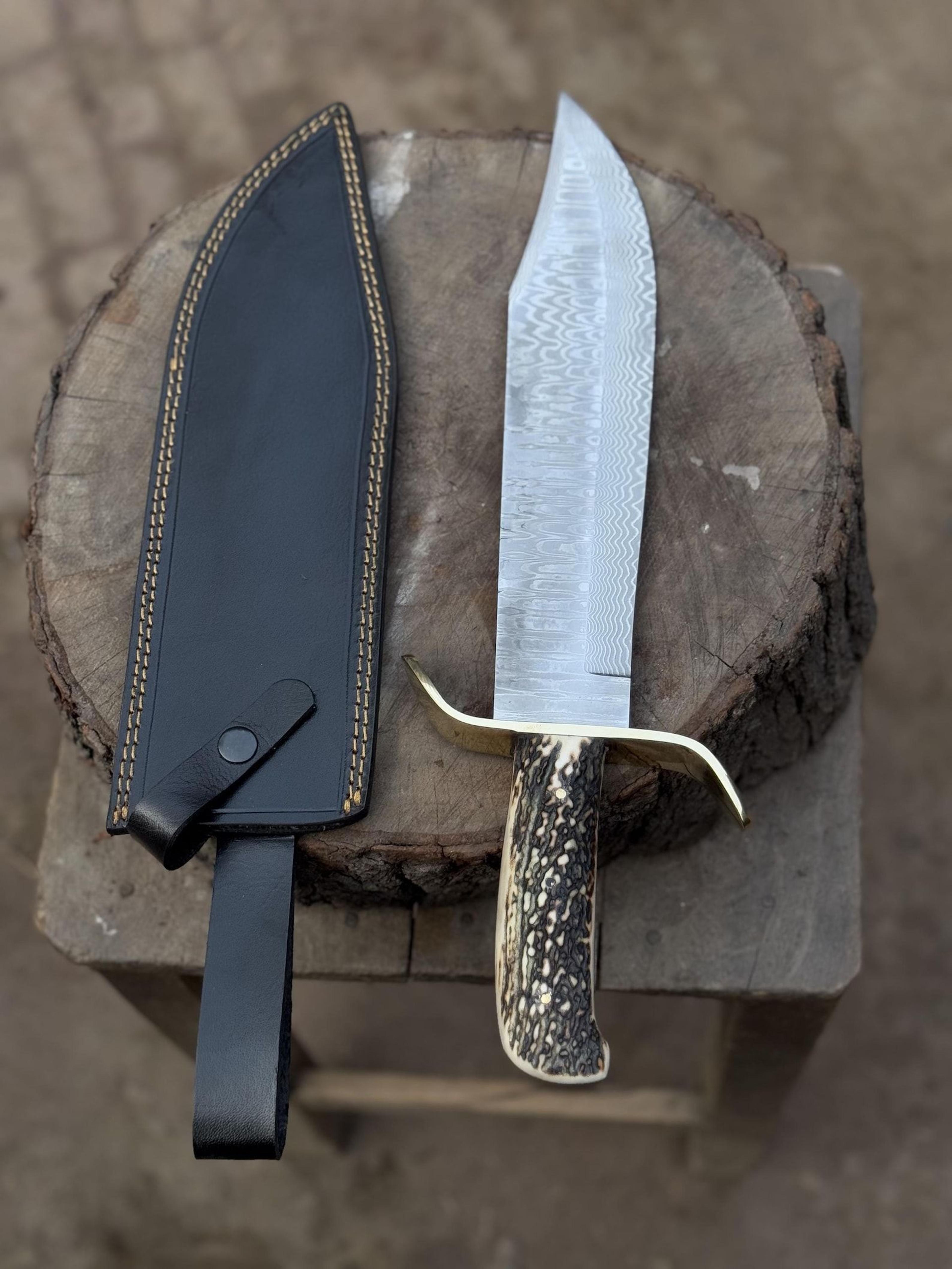handmade damascus bowie knife with genuine stag antler handle – premium hunting, survival & collector fixed blade