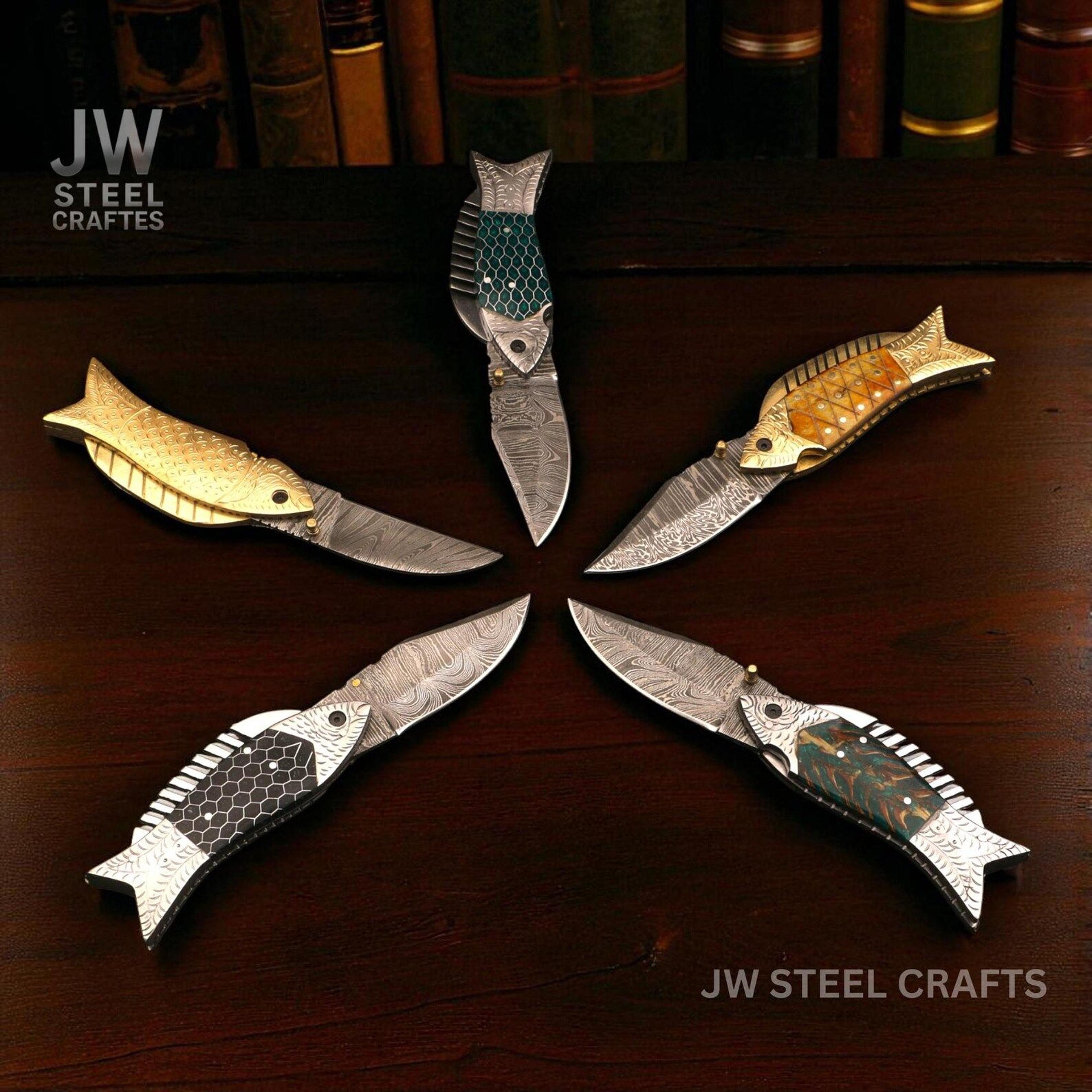 pair of 5 handmade damascus fish folding pocket knife with epoxy resin handle – premium edc collector knife for outdoor