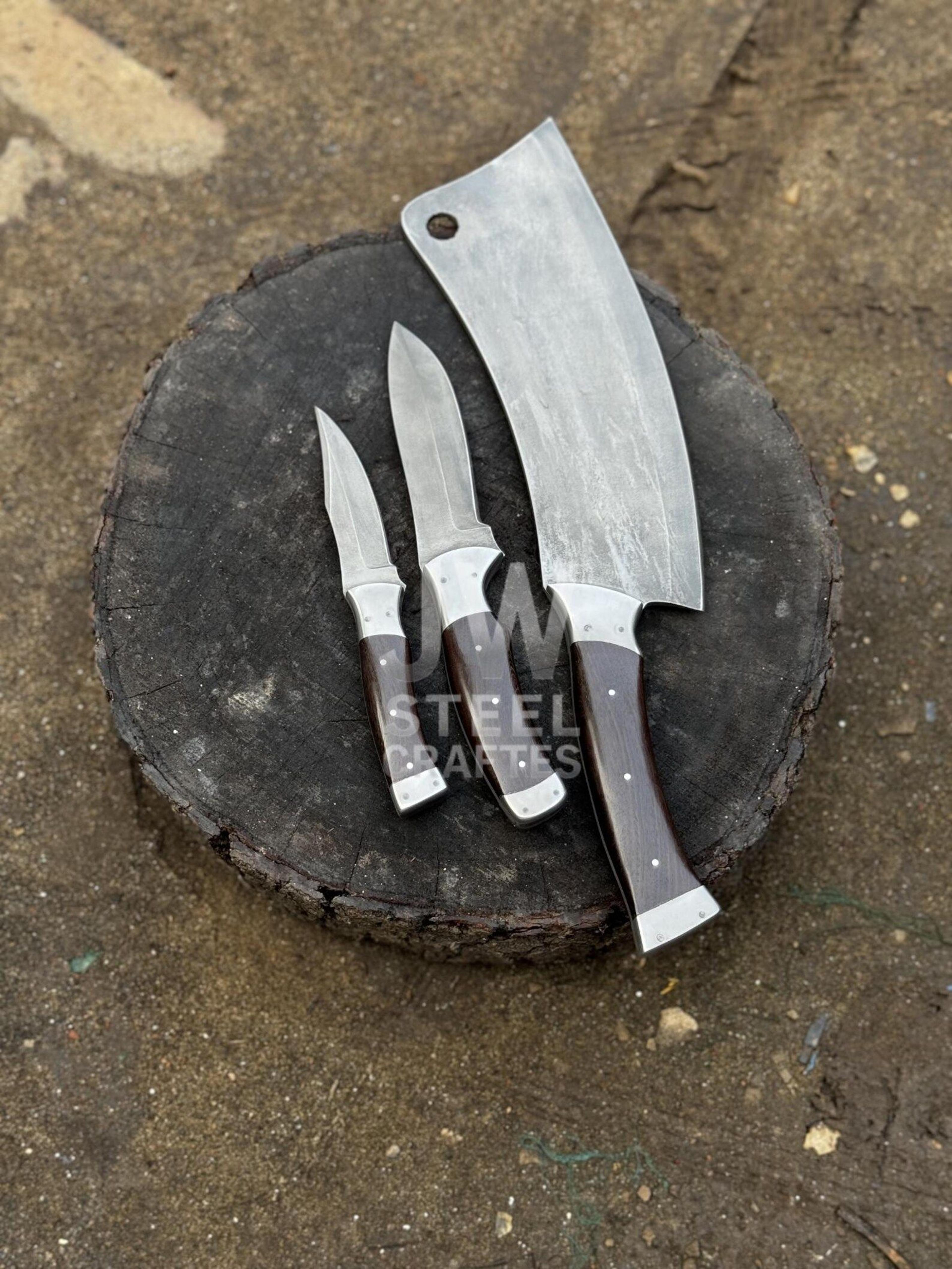 3-piece handmade butcher & utility knife set with stainless steel blades – professional kitchen, bbq & meat processing