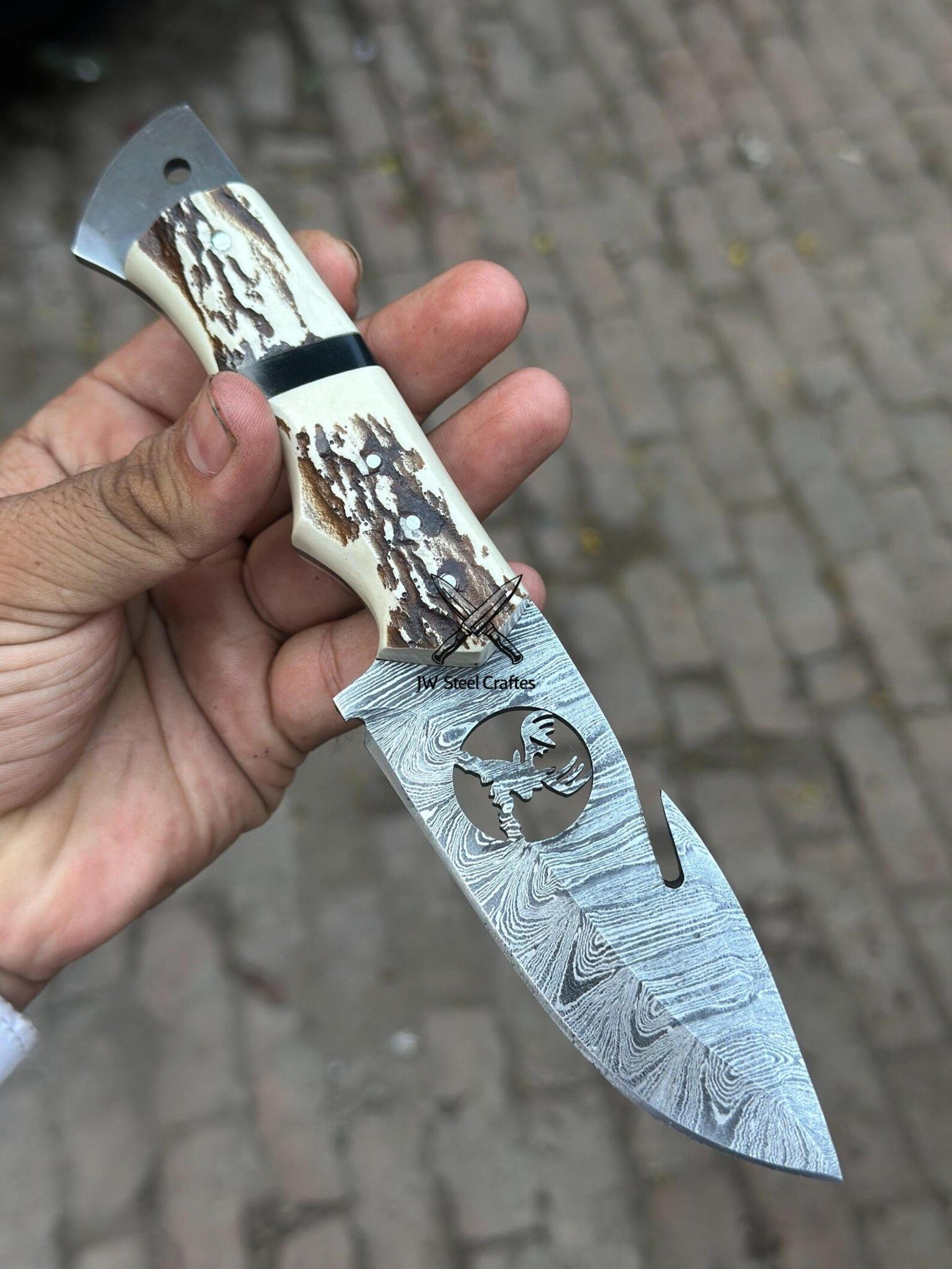 handmade damascus skinner knife with stag antler handle – premium hunting, outdoor & collector's fixed blade knife