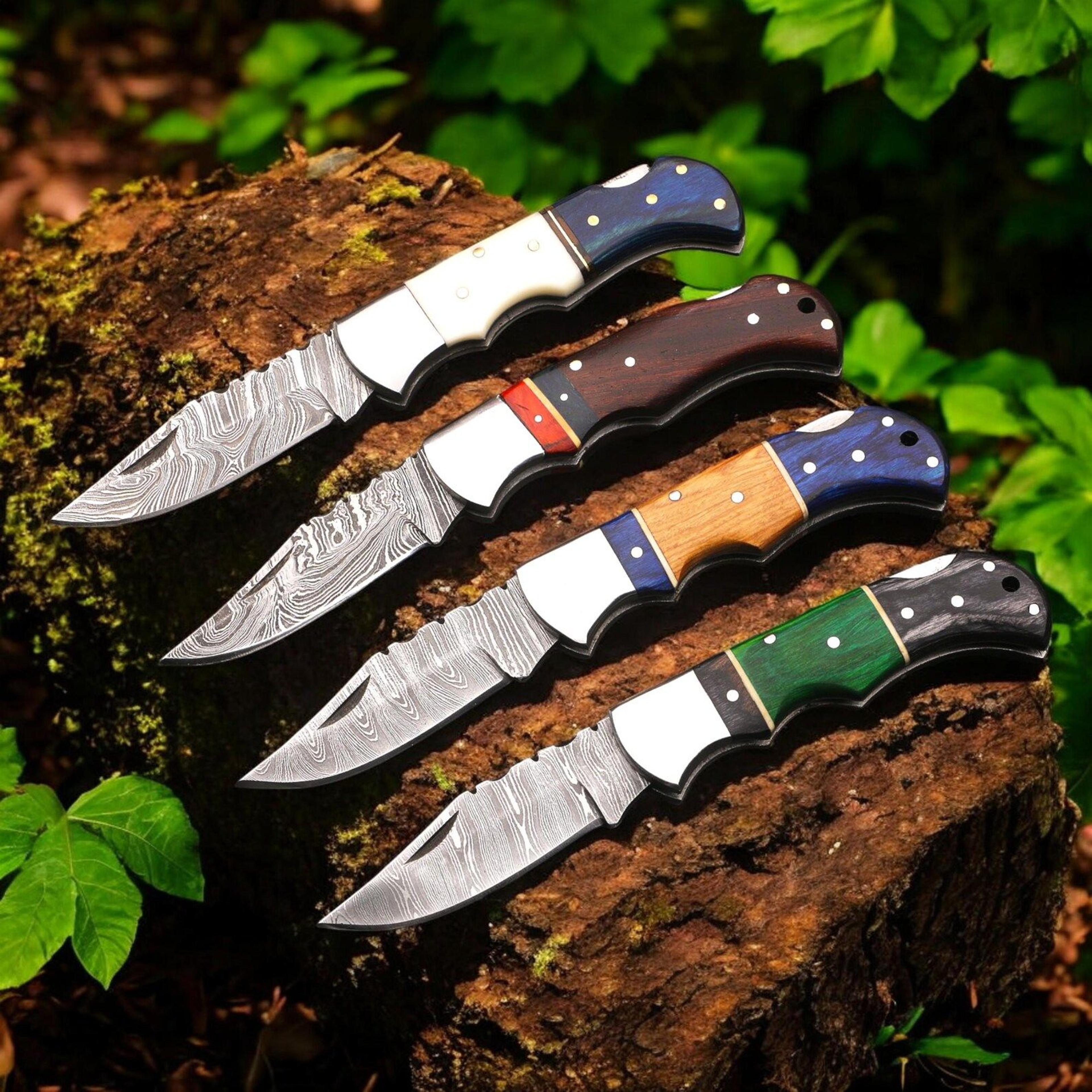 handmade damascus folding knife with premium wooden handle – edc pocket knife for outdoor, hunting pair of 4 knife
