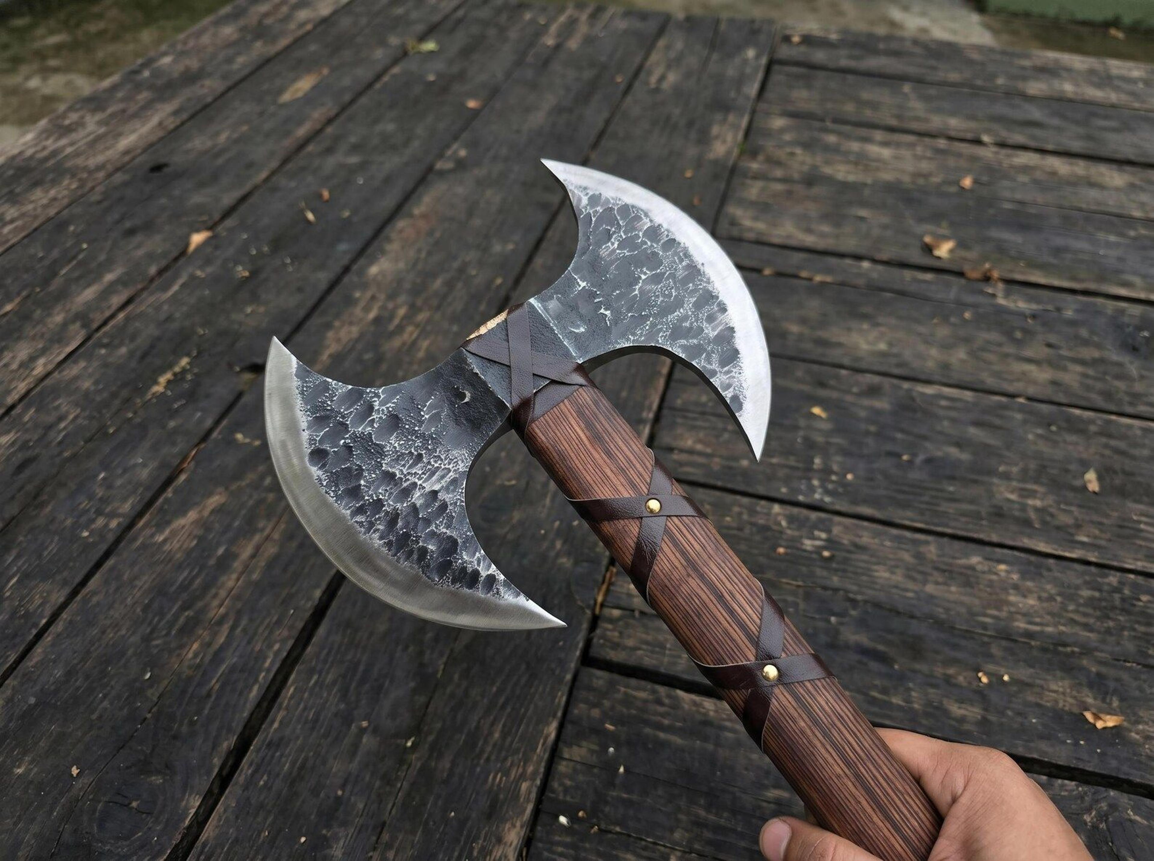 handmade viking double head battle axe | 24 inch hand forged bearded axe with hardwood handle & leather blade covers gif
