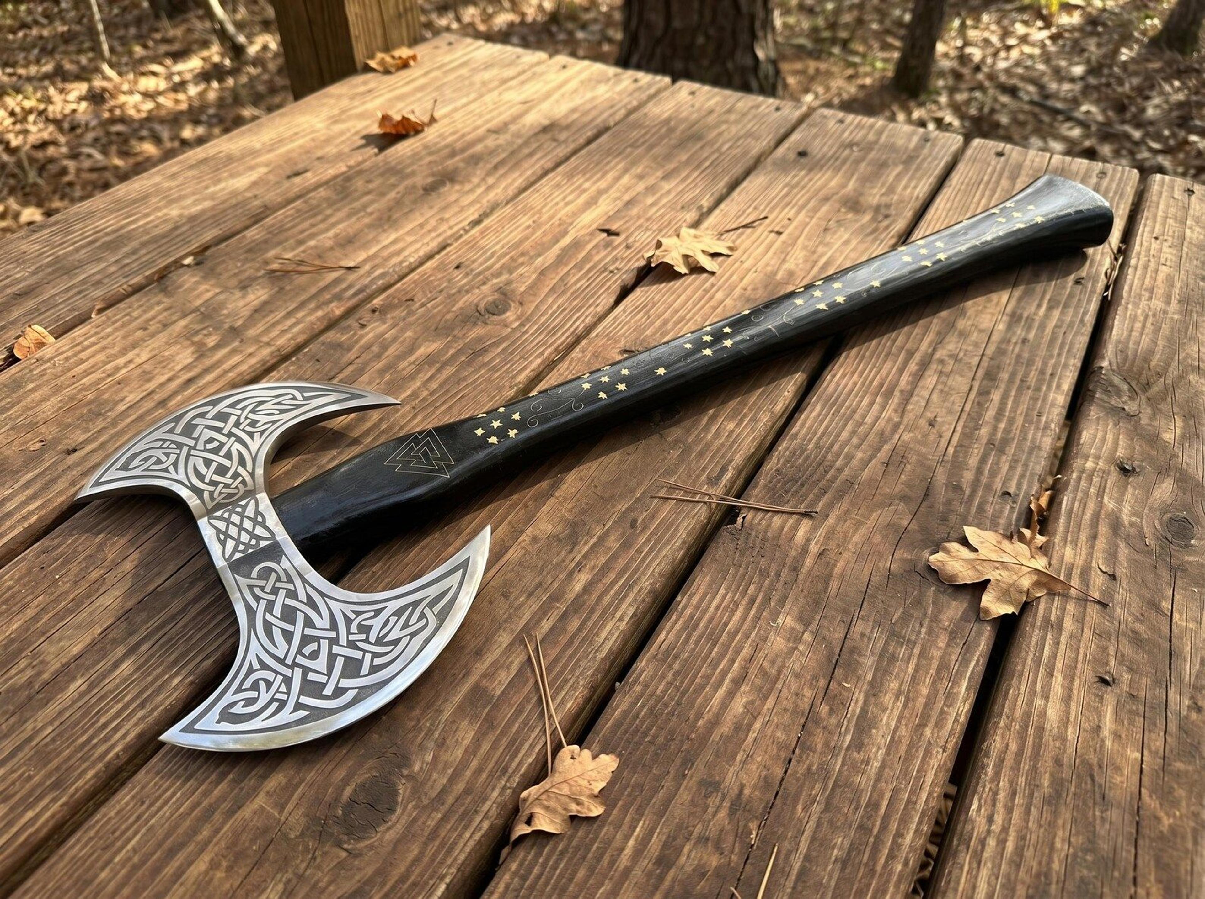 viking double head battle axe | 24 inch stainless steel norse axe with hardwood handle & leather blade covers gift