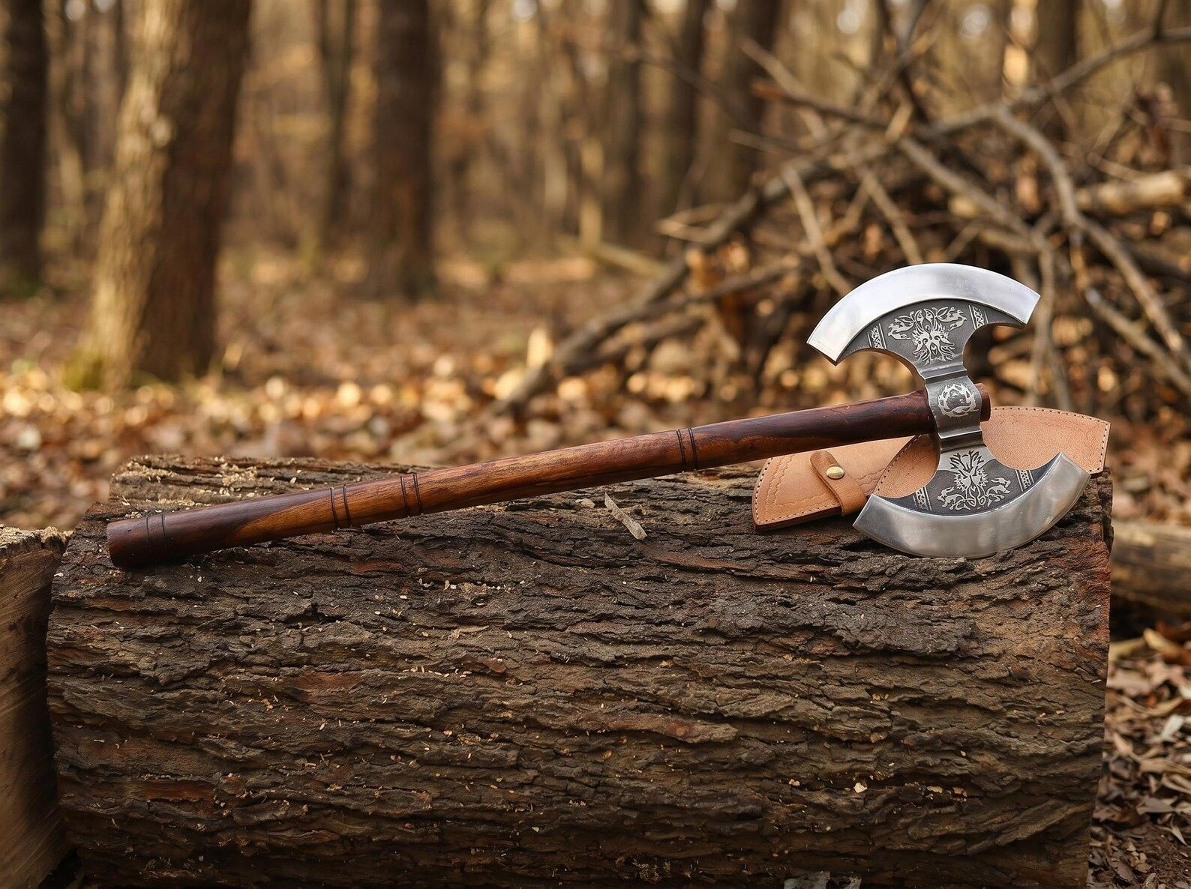 forged viking double head axe | 24 inch stainless steel battle axe with hardwood handle & leather blade covers | norse c