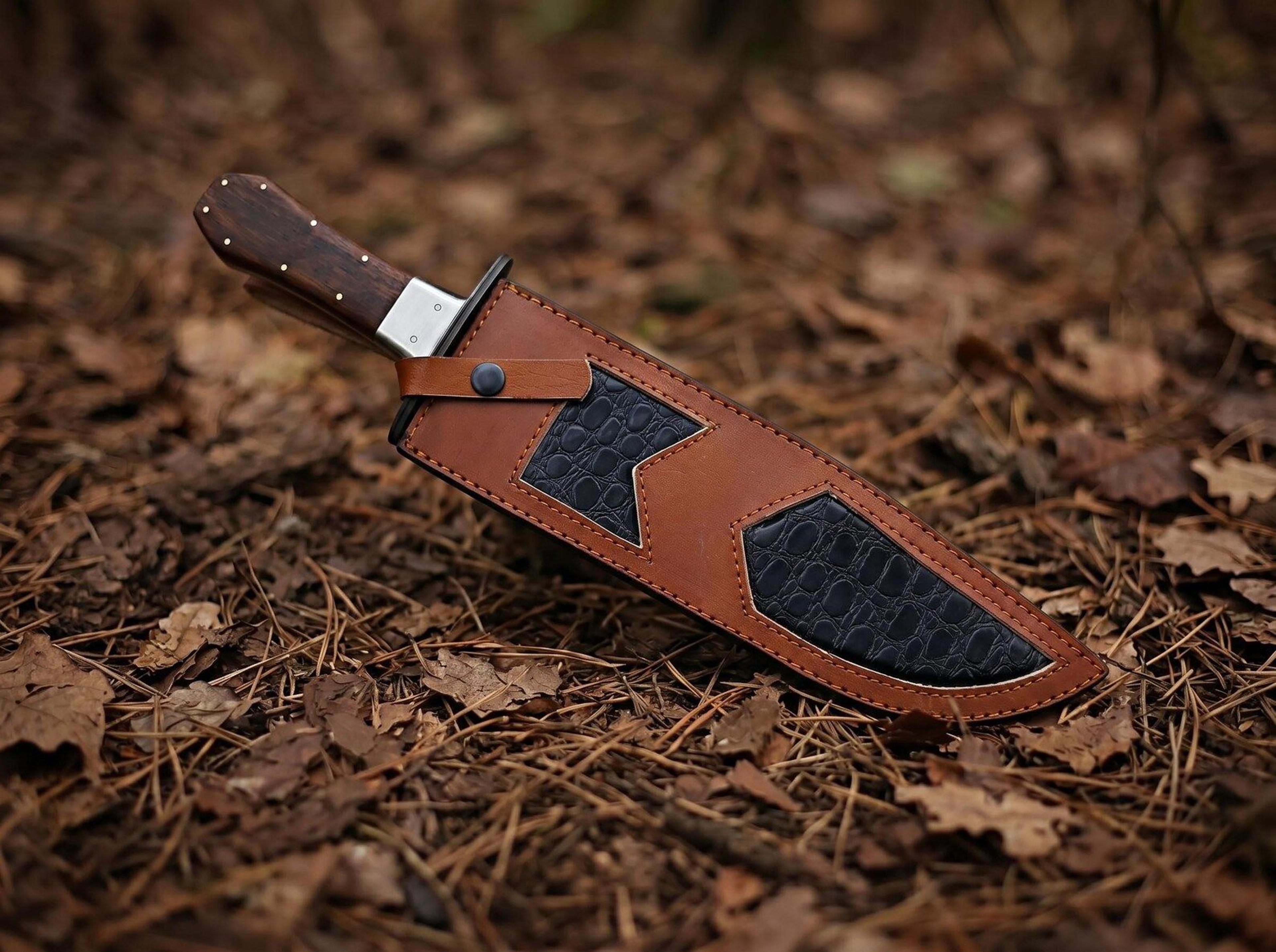 bowie knife | 15 inch stainless steel hunting knife with rosewood handle & leather sheath | survival camping gift