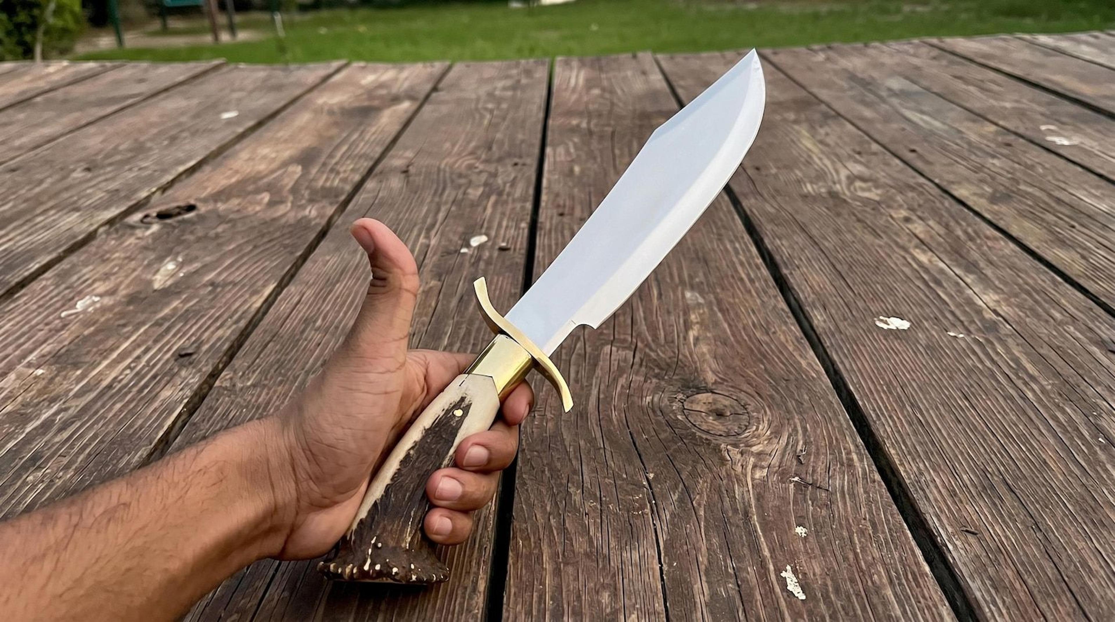 bowie hunting knife | 12 inch stainless steel blade with stag antler handle | custom fixed blade knife