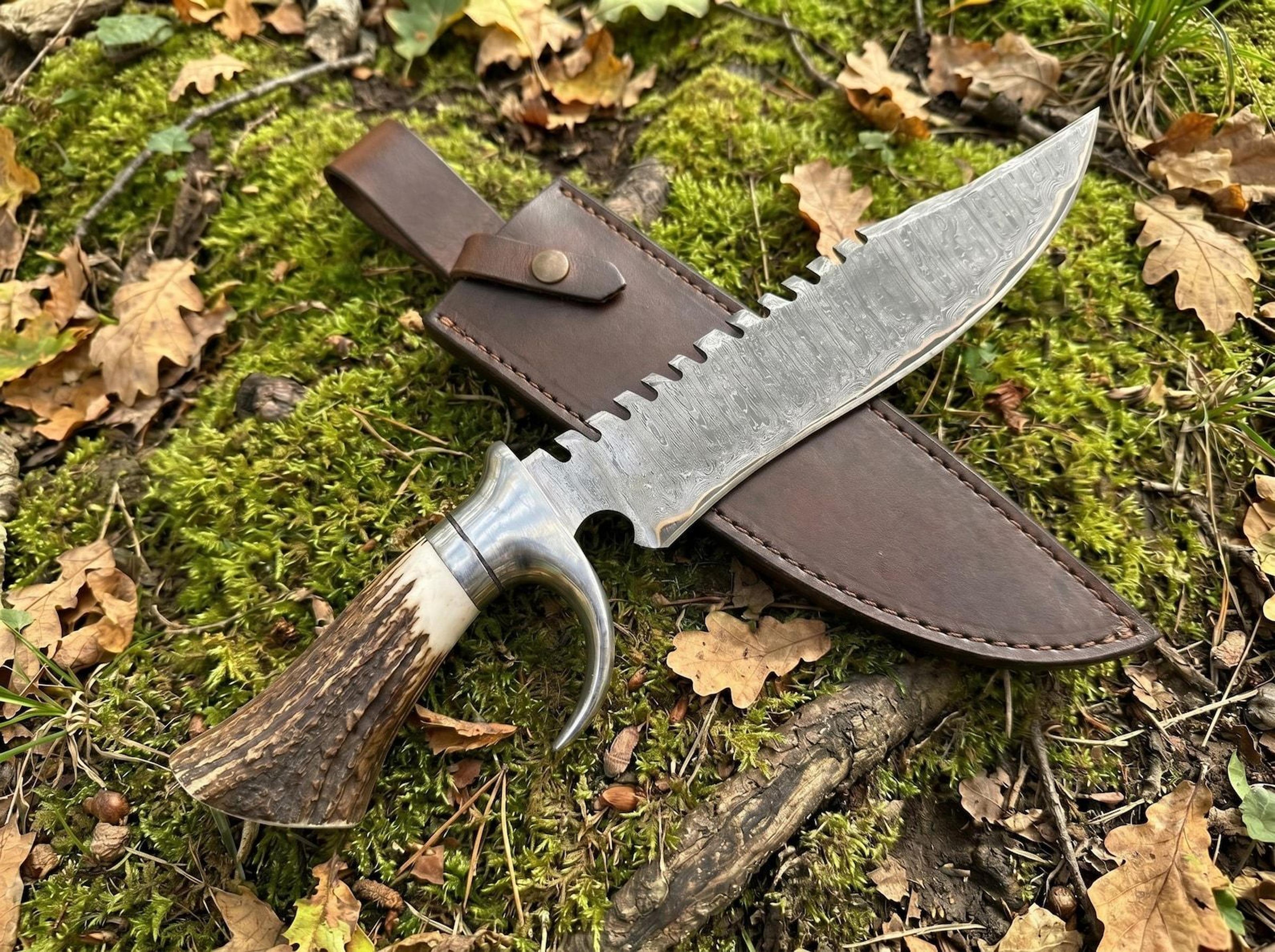 damascus tracker bowie knife with stag antler handle | sawback hunting blade & leather sheath